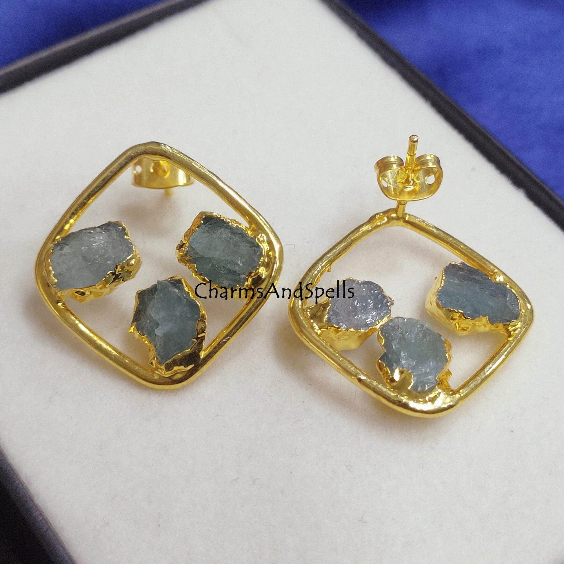 Natural Raw Aquamarine Earring, Gemstone Stud Earring, Raw Crystal Earring, Gold Plated Stud Earring, Gemstone Studs, Dainty Women Earrings - Charms And Spells