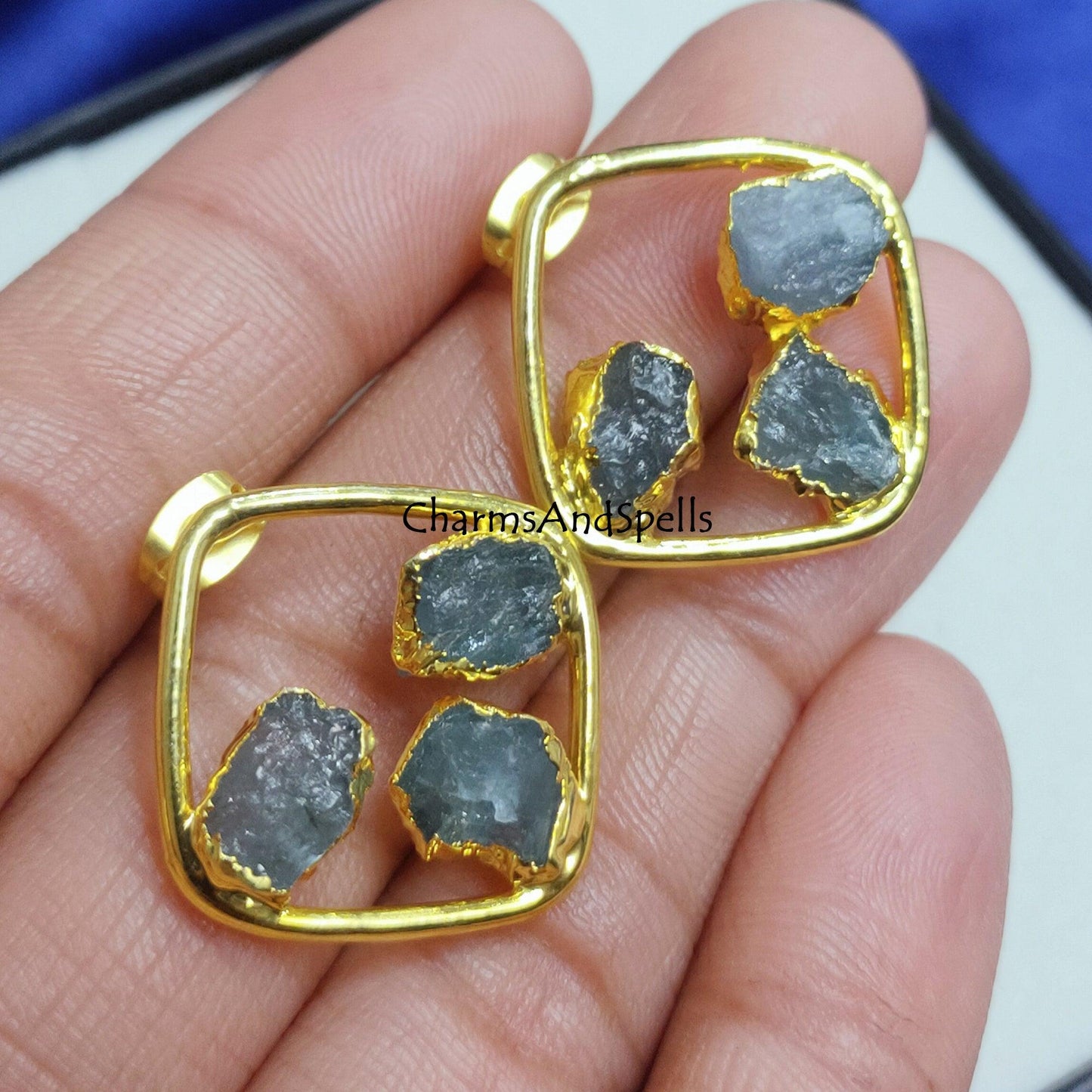 Natural Raw Aquamarine Earring, Gemstone Stud Earring, Raw Crystal Earring, Gold Plated Stud Earring, Gemstone Studs, Dainty Women Earrings - Charms And Spells