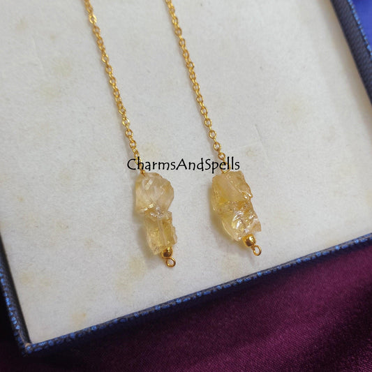 Natural Raw Citrine Earrings, Long Dangle Earrings, Healing Crystal Earring, Gemstone Earring, November Birthstone Jewelry, Threader Earring - Charms And Spells