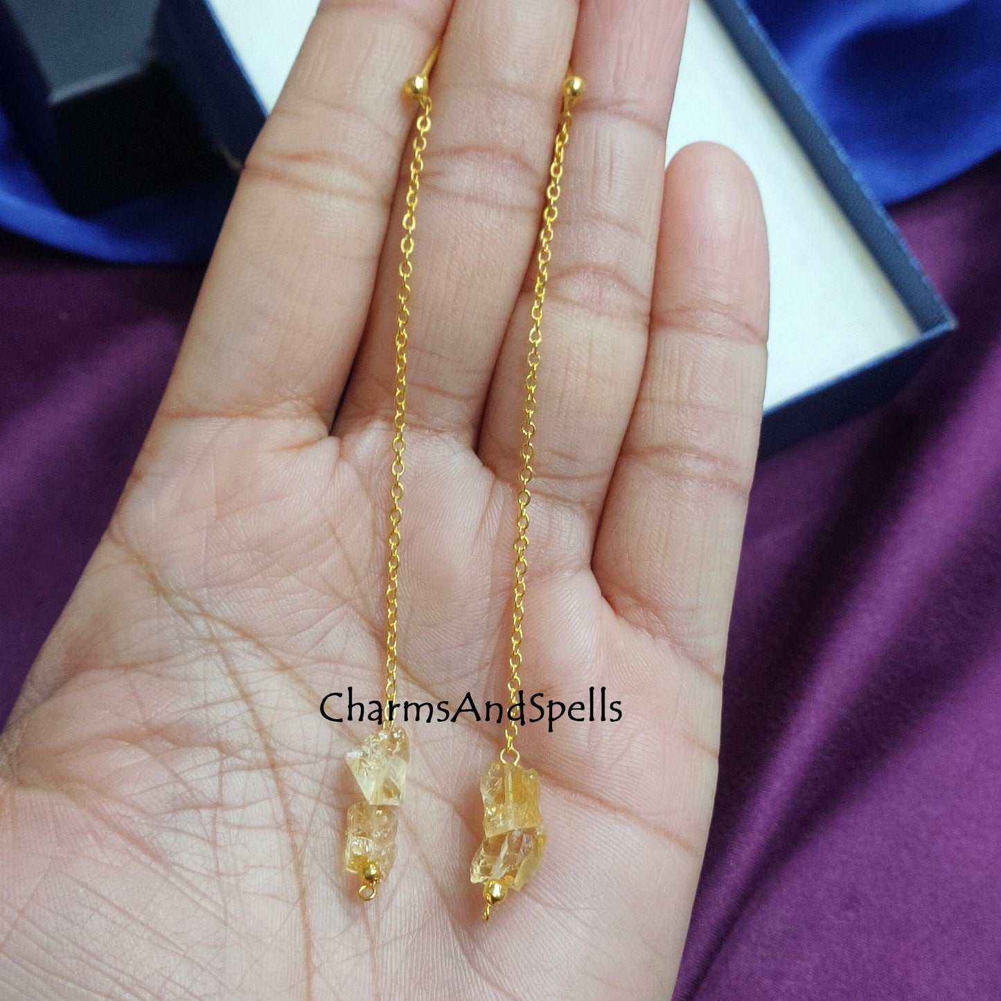 Natural Raw Citrine Earrings, Long Dangle Earrings, Healing Crystal Earring, Gemstone Earring, November Birthstone Jewelry, Threader Earring - Charms And Spells