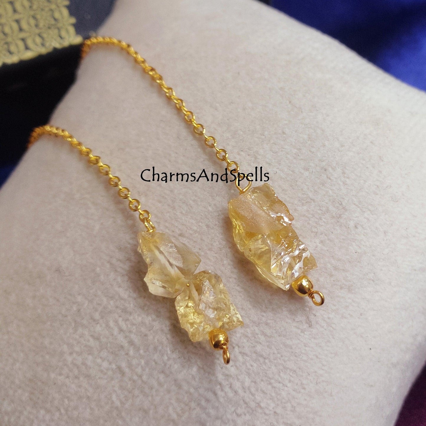 Natural Raw Citrine Earrings, Long Dangle Earrings, Healing Crystal Earring, Gemstone Earring, November Birthstone Jewelry, Threader Earring - Charms And Spells