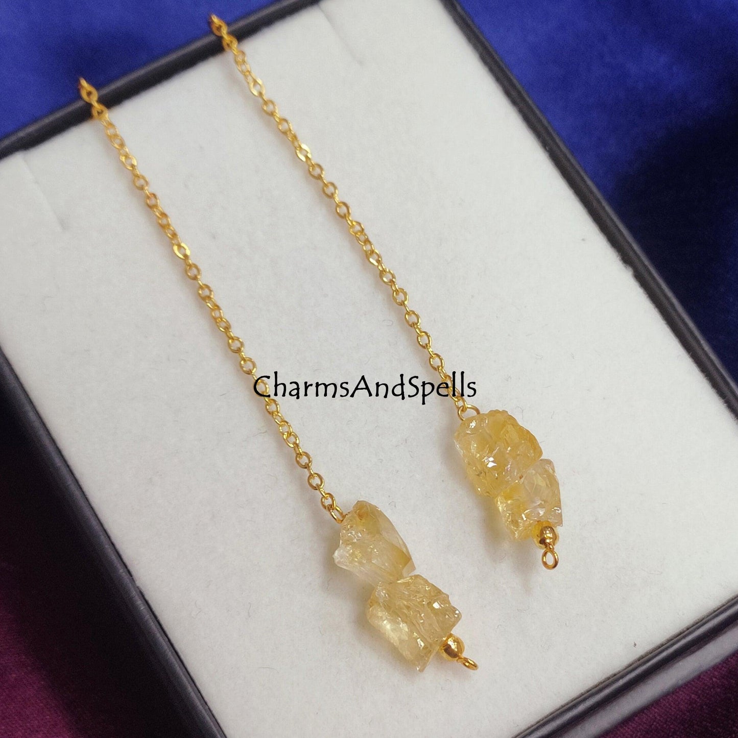 Natural Raw Citrine Earrings, Long Dangle Earrings, Healing Crystal Earring, Gemstone Earring, November Birthstone Jewelry, Threader Earring - Charms And Spells