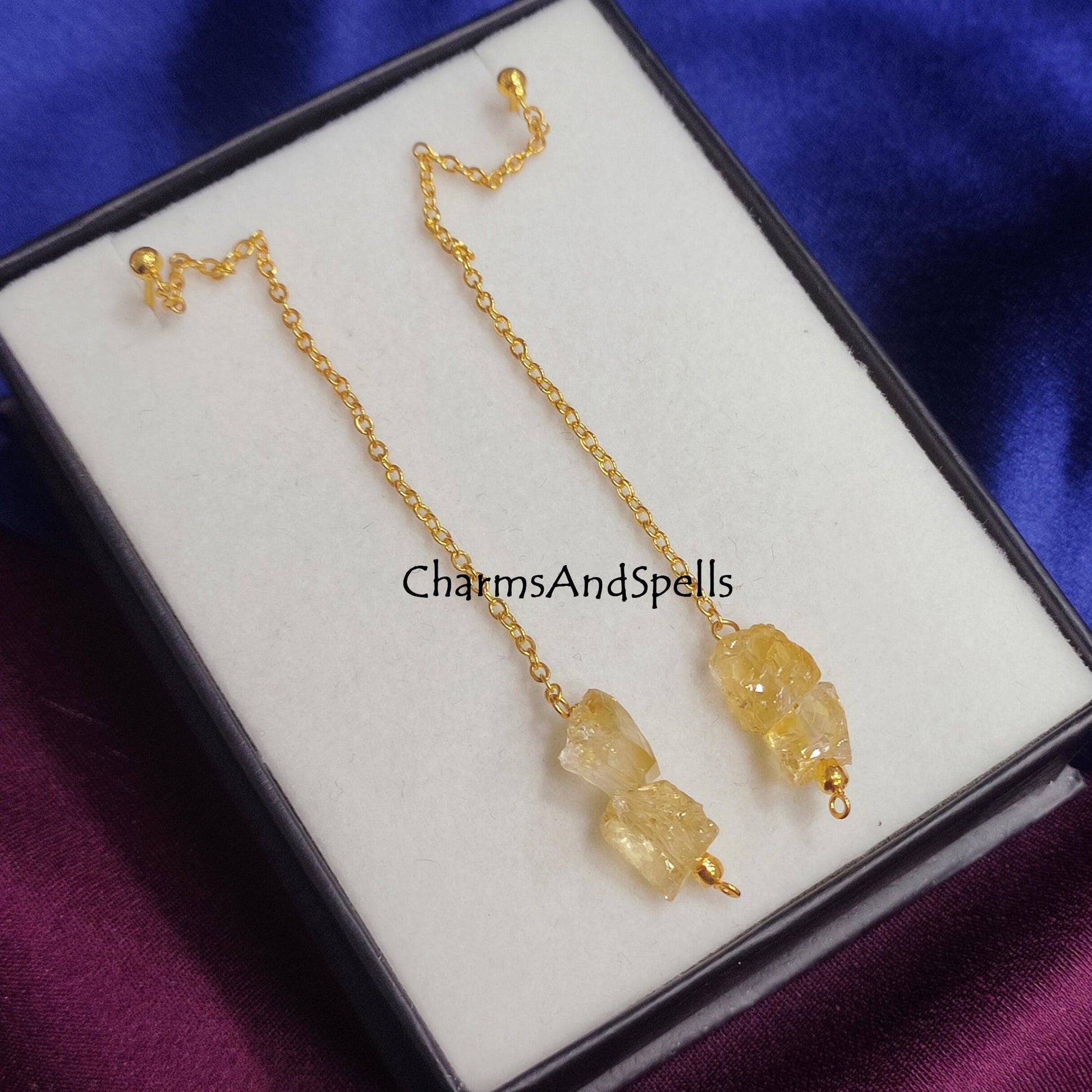 Natural Raw Citrine Earrings, Long Dangle Earrings, Healing Crystal Earring, Gemstone Earring, November Birthstone Jewelry, Threader Earring - Charms And Spells