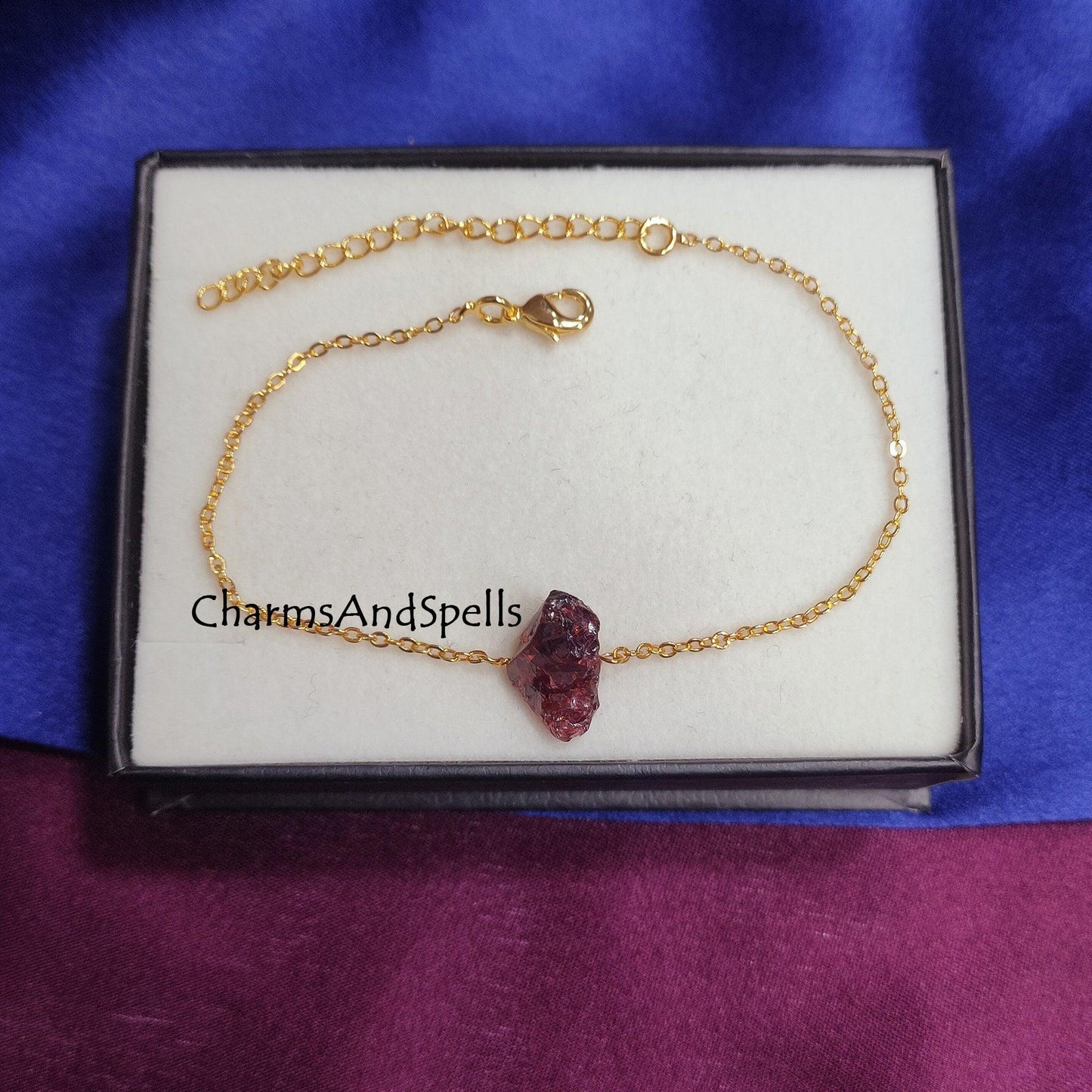 Genuine Raw Garnet Bracelet, Red Gemstone Bracelet, Gold Plated Bracelet, Dainty Bracelet, January Birthstone Jewelry, Garnet Anklet Jewelry - Charms And Spells