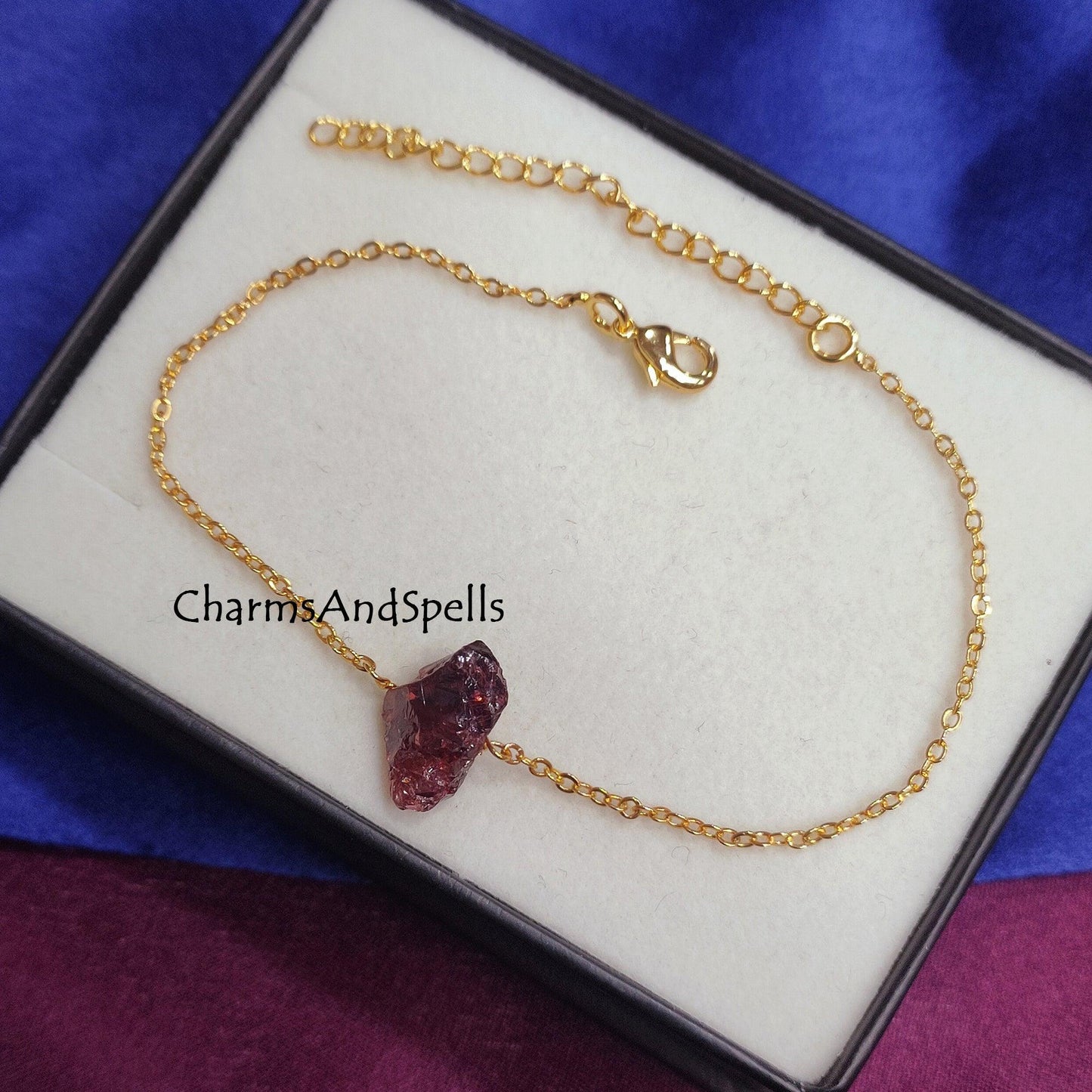 Genuine Raw Garnet Bracelet, Red Gemstone Bracelet, Gold Plated Bracelet, Dainty Bracelet, January Birthstone Jewelry, Garnet Anklet Jewelry - Charms And Spells