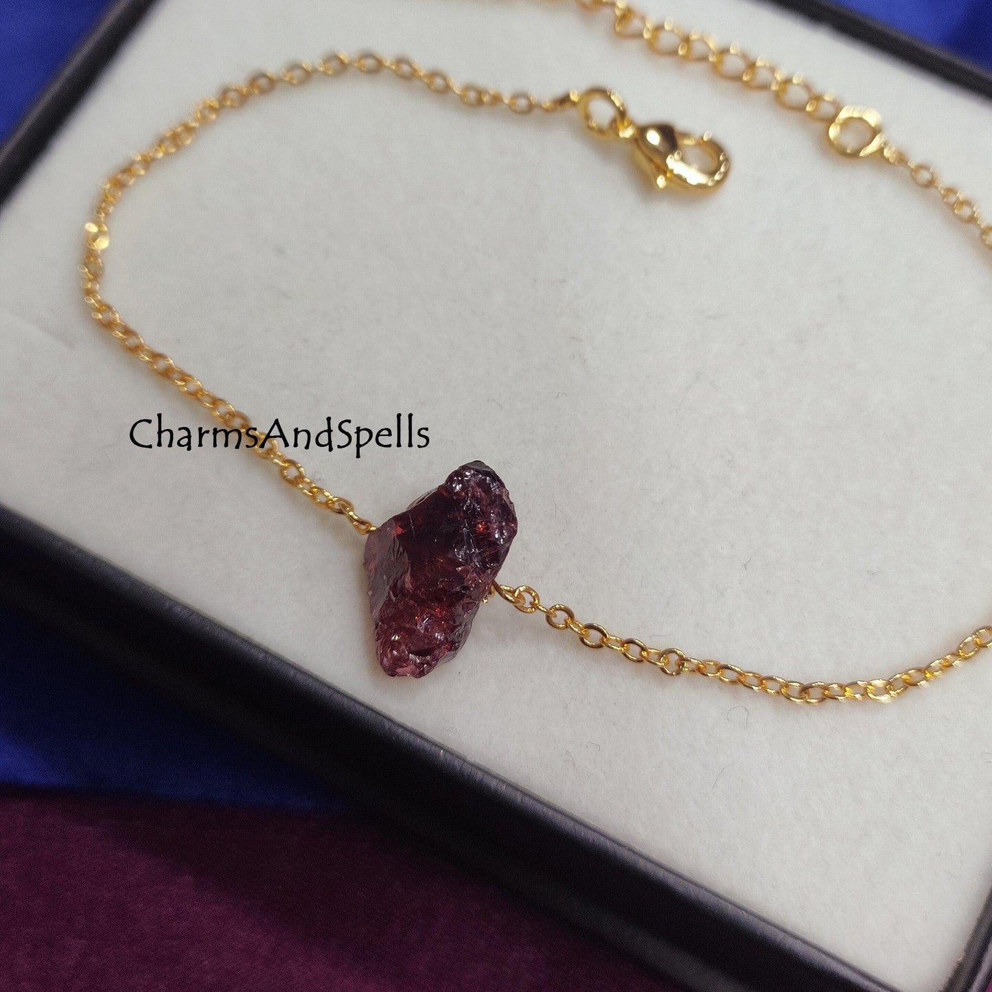 Genuine Raw Garnet Bracelet, Red Gemstone Bracelet, Gold Plated Bracelet, Dainty Bracelet, January Birthstone Jewelry, Garnet Anklet Jewelry - Charms And Spells