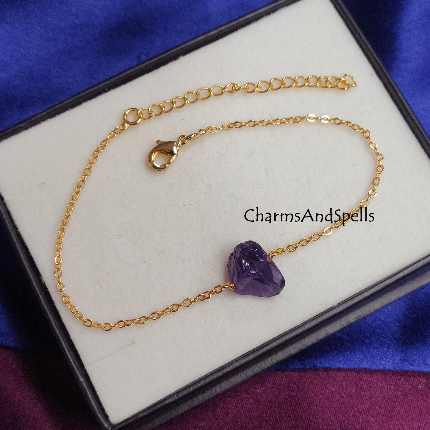 Natural Raw Amethyst Bracelet, Adjustable Bracelet, Healing Crystal Bracelet, Amethyst Anklet Jewelry, Gold Plated Bracelet, bridesmaid gift - Charms And Spells