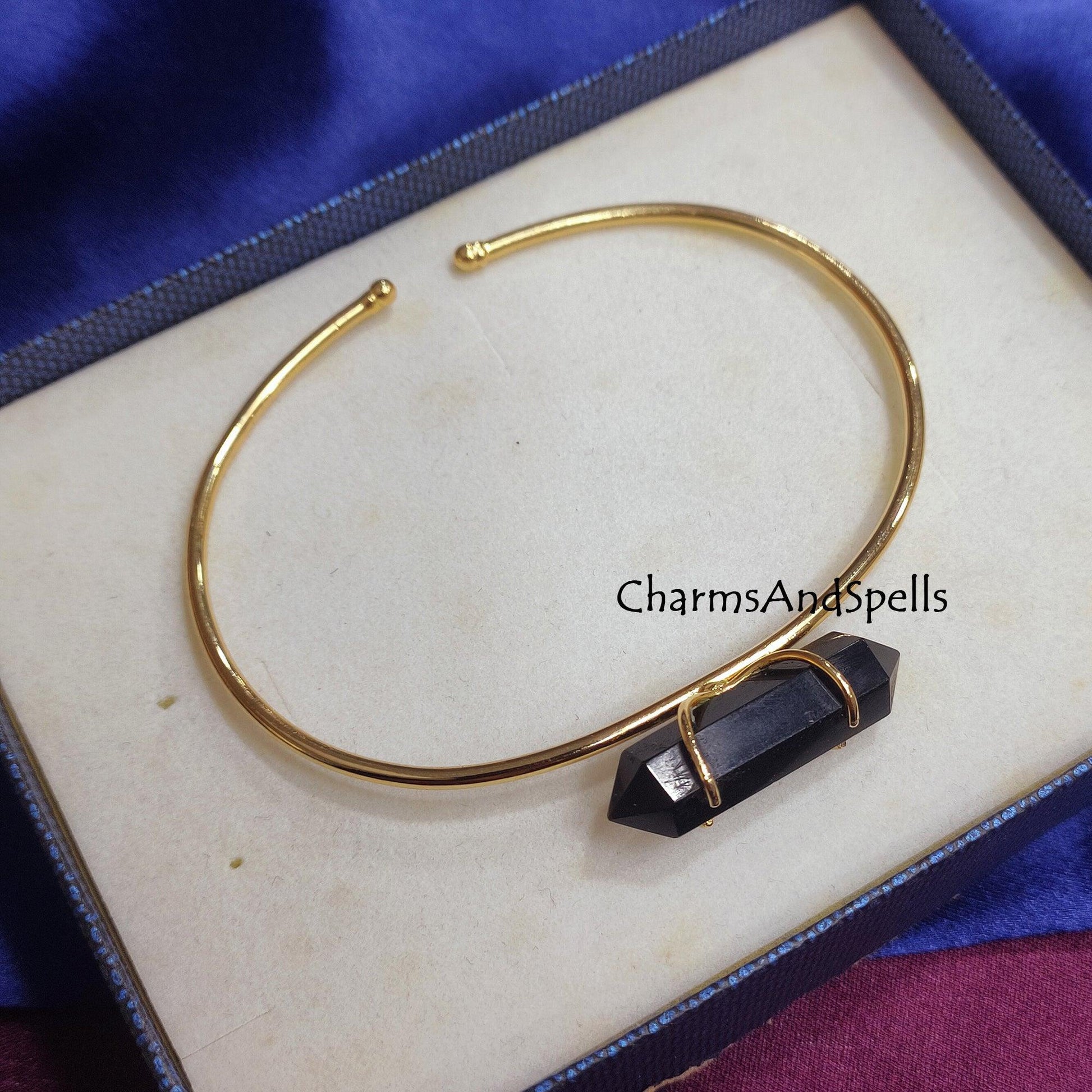 Genuine Black Onyx Bangle Bracelet, Gold Plated Bangle, Black Onyx Two Point Pencil Cuff Bangle, Pencil Bracelet, Valentine Day Gift For her - Charms And Spells