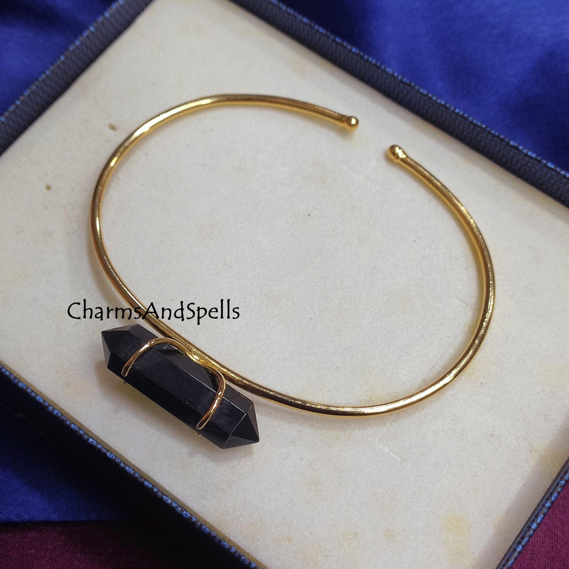 Genuine Black Onyx Bangle Bracelet, Gold Plated Bangle, Black Onyx Two Point Pencil Cuff Bangle, Pencil Bracelet, Valentine Day Gift For her - Charms And Spells