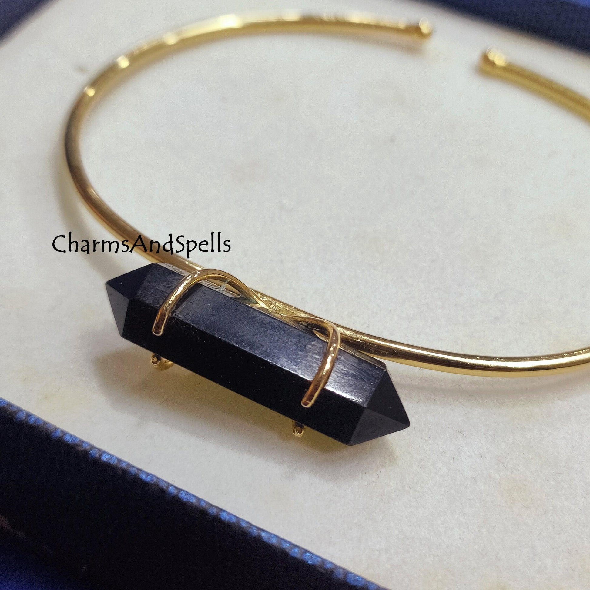 Genuine Black Onyx Bangle Bracelet, Gold Plated Bangle, Black Onyx Two Point Pencil Cuff Bangle, Pencil Bracelet, Valentine Day Gift For her - Charms And Spells