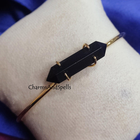 Genuine Black Onyx Bangle Bracelet, Gold Plated Bangle, Black Onyx Two Point Pencil Cuff Bangle, Pencil Bracelet, Valentine Day Gift For her - Charms And Spells