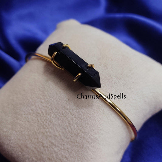 Genuine Black Onyx Bangle Bracelet, Gold Plated Bangle, Black Onyx Two Point Pencil Cuff Bangle, Pencil Bracelet, Valentine Day Gift For her - Charms And Spells