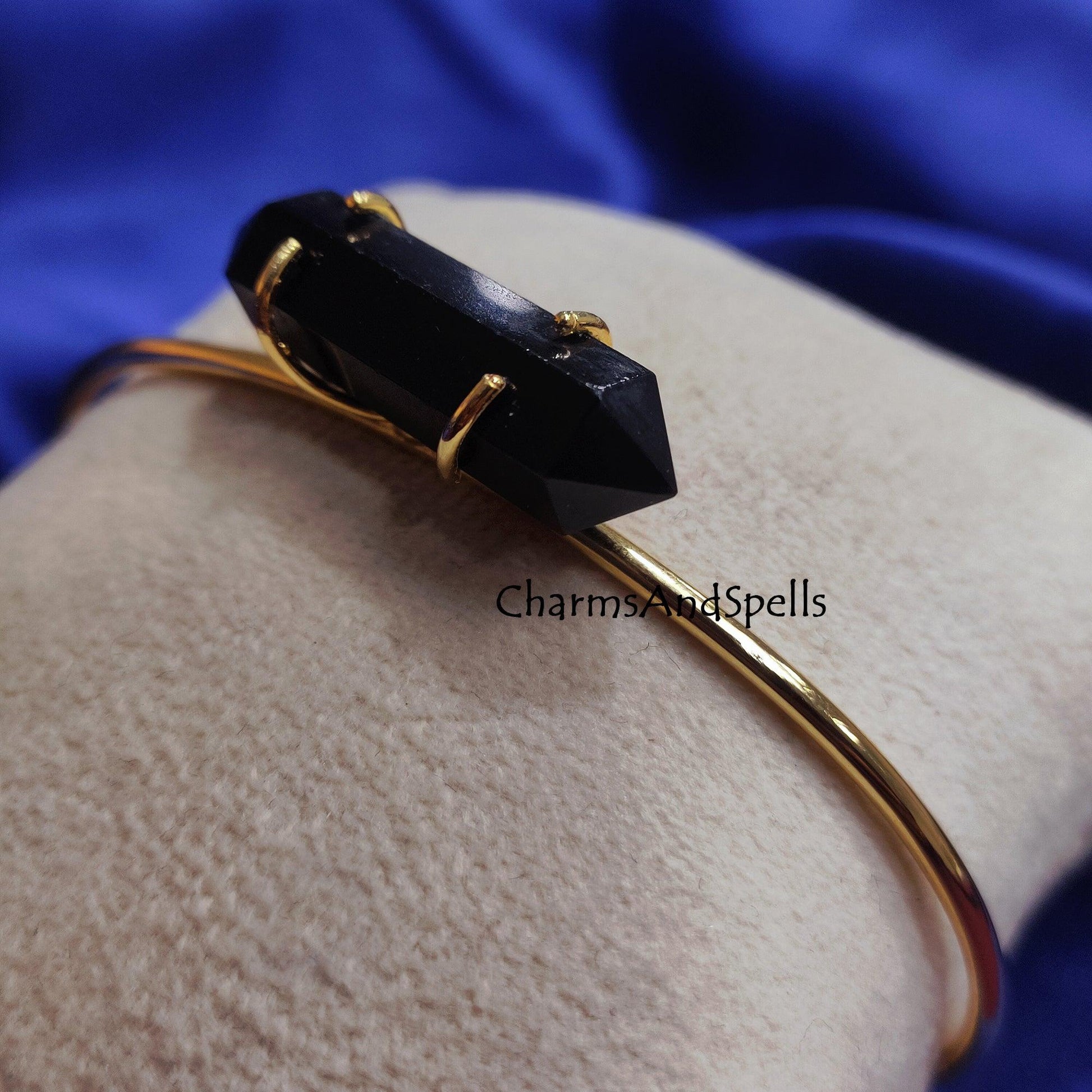 Genuine Black Onyx Bangle Bracelet, Gold Plated Bangle, Black Onyx Two Point Pencil Cuff Bangle, Pencil Bracelet, Valentine Day Gift For her - Charms And Spells