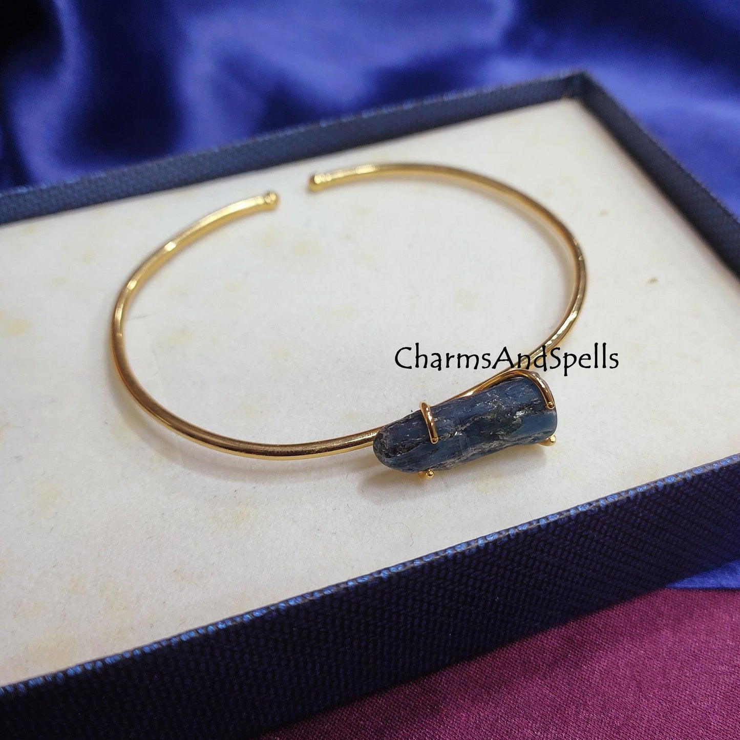 Natural Raw Kyanite Bangle, Gold Plated Bangle, Rough Kyanite Gemstone Jewelry, Cuff Bracelet, Throat Chakra Bangle, Kyanite Cuff Bangle - Charms And Spells