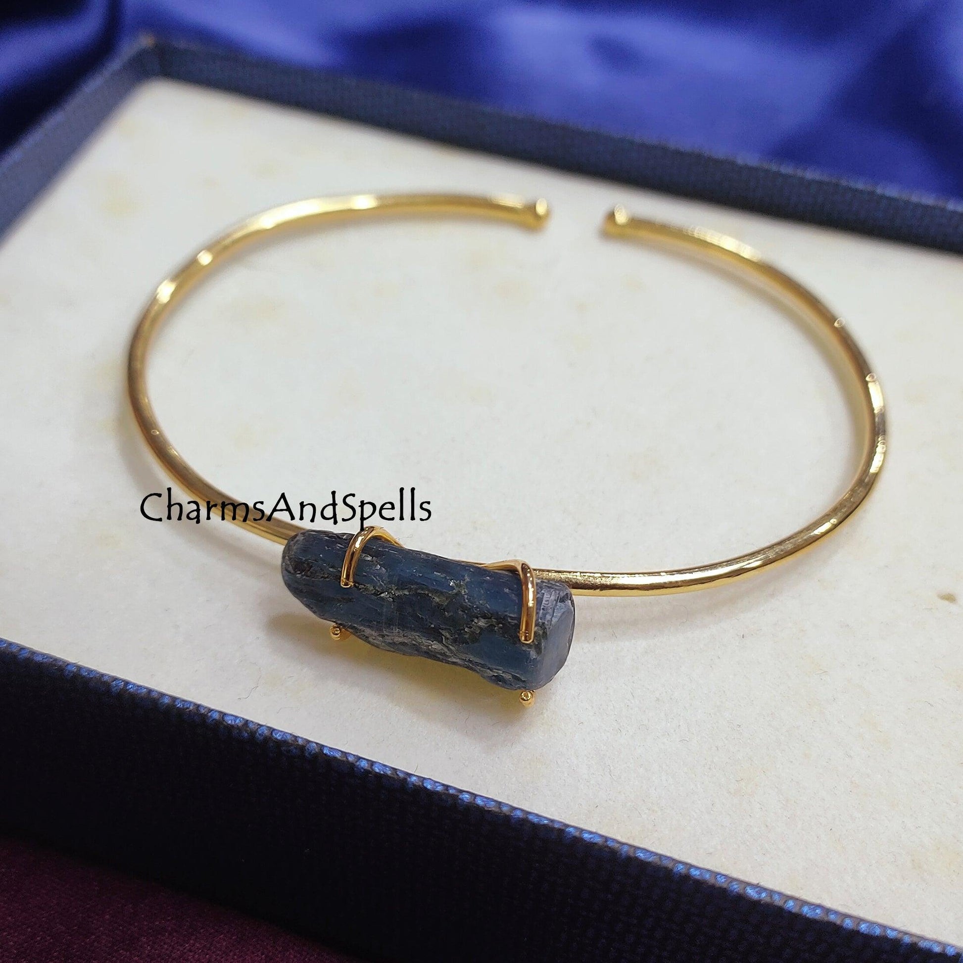 Natural Raw Kyanite Bangle, Gold Plated Bangle, Rough Kyanite Gemstone Jewelry, Cuff Bracelet, Throat Chakra Bangle, Kyanite Cuff Bangle - Charms And Spells