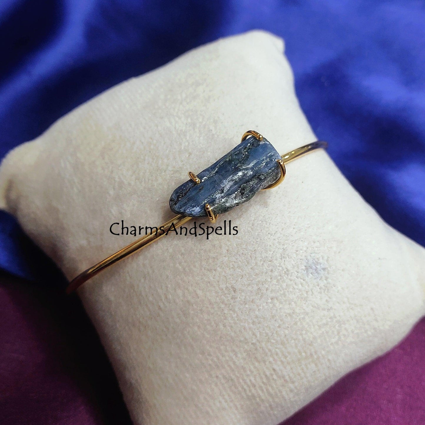 Natural Raw Kyanite Bangle, Gold Plated Bangle, Rough Kyanite Gemstone Jewelry, Cuff Bracelet, Throat Chakra Bangle, Kyanite Cuff Bangle - Charms And Spells