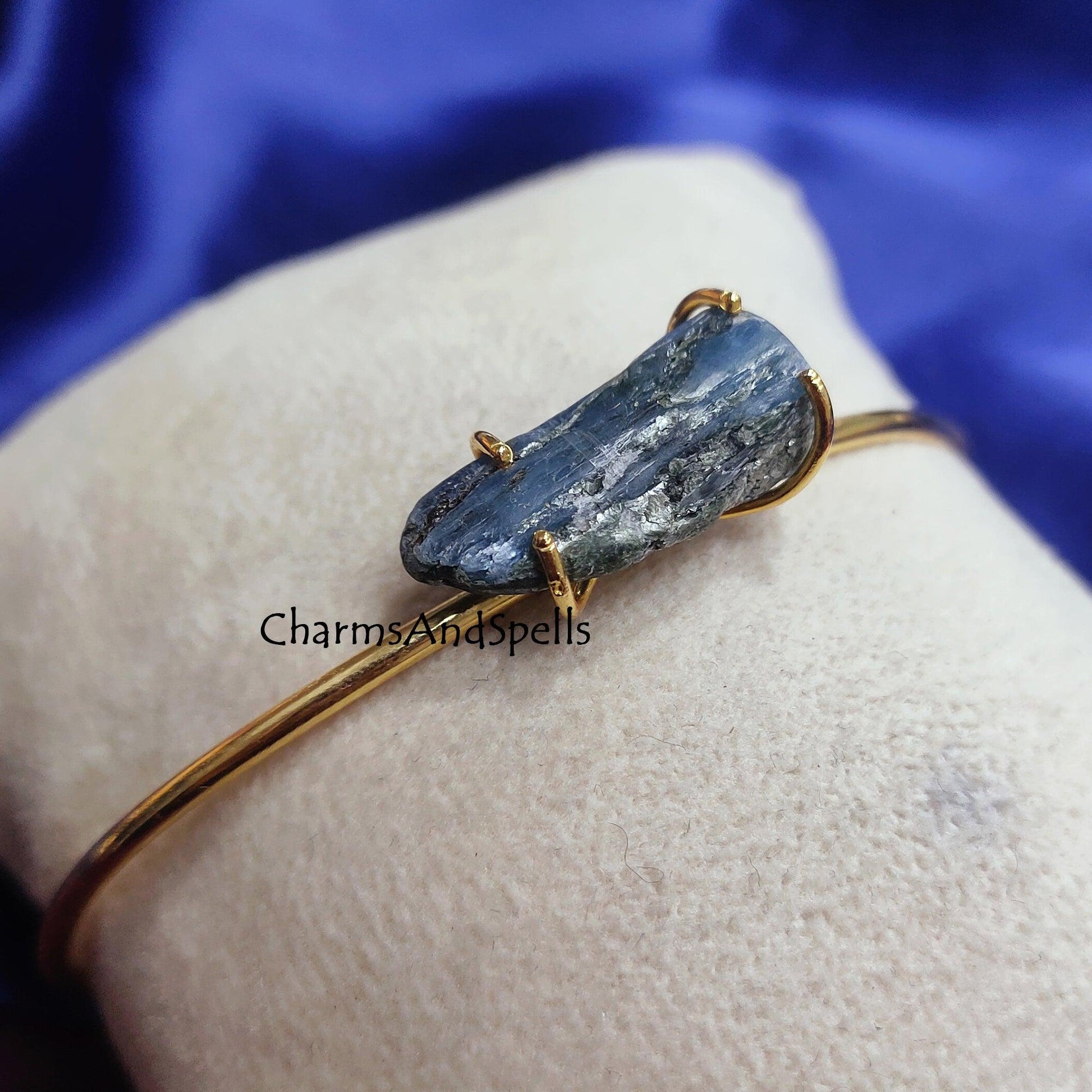 Natural Raw Kyanite Bangle, Gold Plated Bangle, Rough Kyanite Gemstone Jewelry, Cuff Bracelet, Throat Chakra Bangle, Kyanite Cuff Bangle - Charms And Spells