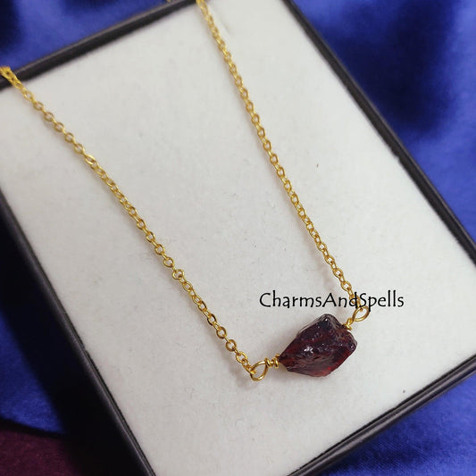 Natural Raw Garnet Necklace, Gold Plated Crystal Jewelry, January Birthstone Gift, Rough Gemstone Jewelry, Choker Necklace, Dainty Jewelry - Charms And Spells