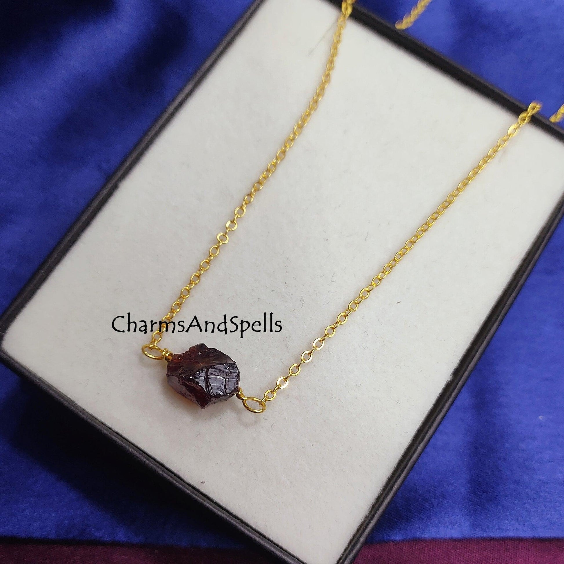 Natural Raw Garnet Necklace, Gold Plated Crystal Jewelry, January Birthstone Gift, Rough Gemstone Jewelry, Choker Necklace, Dainty Jewelry - Charms And Spells