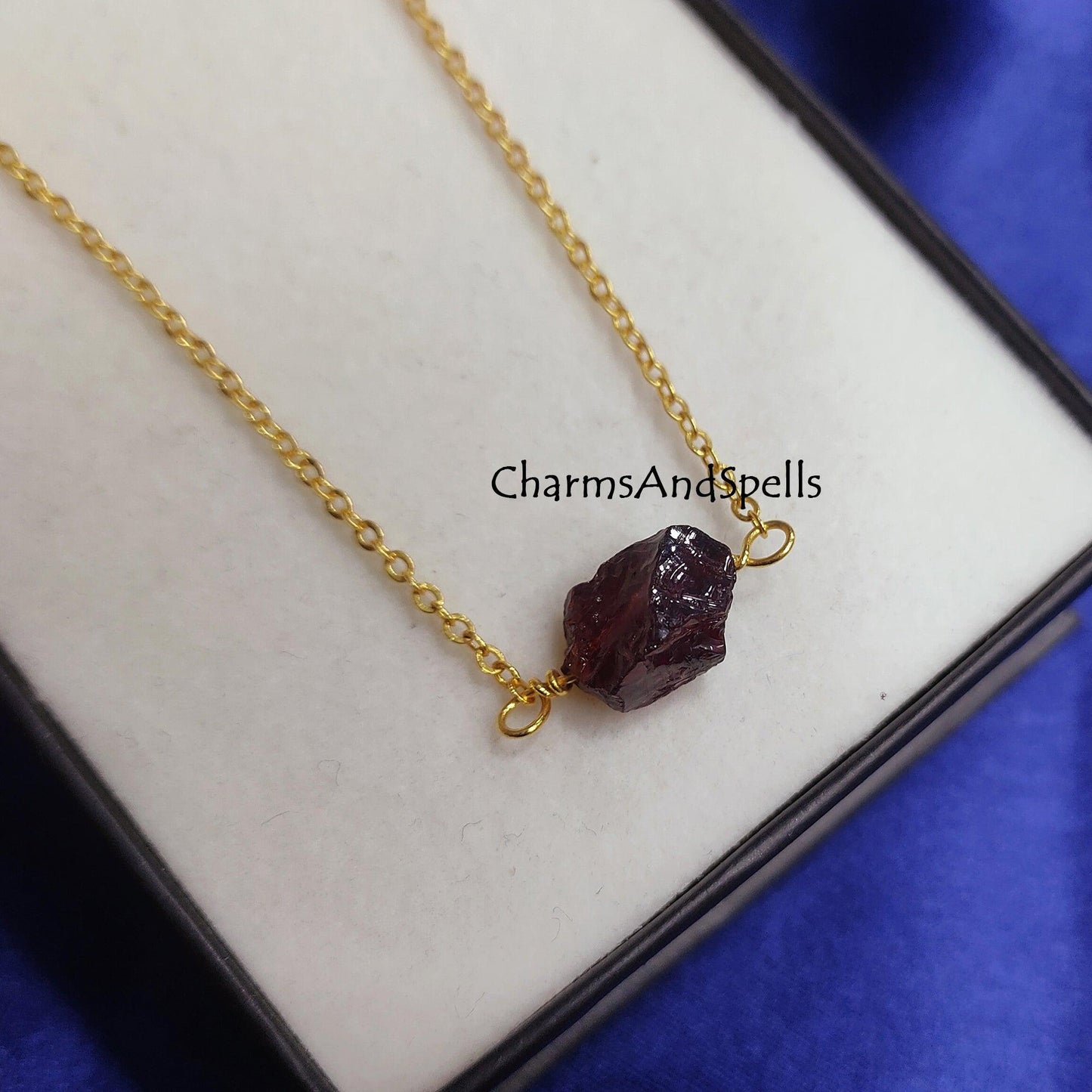 Natural Raw Garnet Necklace, Gold Plated Crystal Jewelry, January Birthstone Gift, Rough Gemstone Jewelry, Choker Necklace, Dainty Jewelry - Charms And Spells