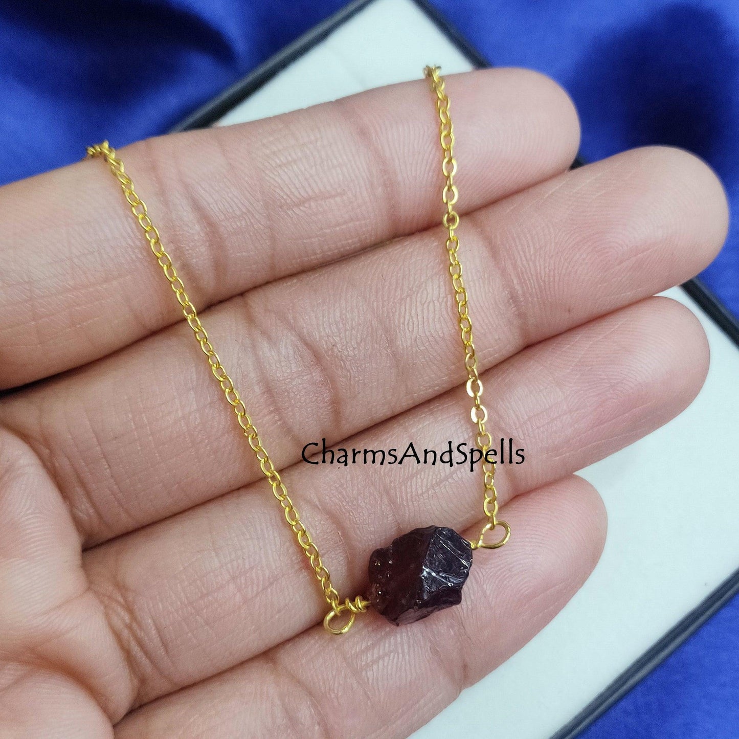 Natural Raw Garnet Necklace, Gold Plated Crystal Jewelry, January Birthstone Gift, Rough Gemstone Jewelry, Choker Necklace, Dainty Jewelry - Charms And Spells