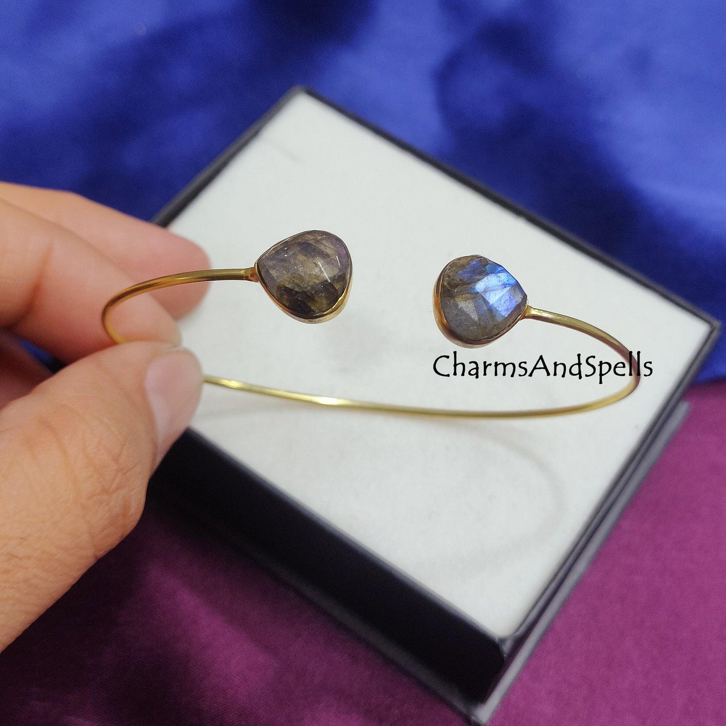 Natural Labradorite Bangle, Dainty Bangle, Gold Plated Bangle, Handmade Bangle, Gemstone Bangle, Labradorite Women Bangle, Adjustable Bangle - Charms And Spells