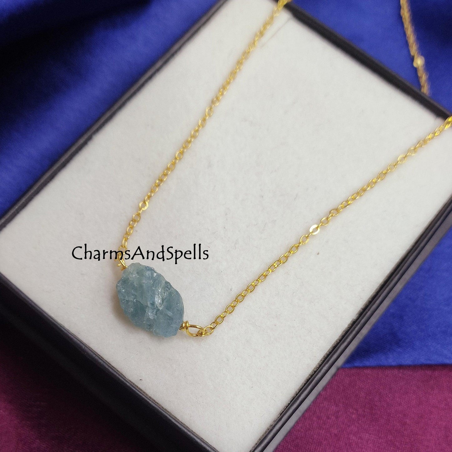 Natural Raw Aquamarine Necklace, March Birthstone Necklace, Gemstone Necklace, Boho Style Pendant, Healing Crystal Jewelry, Gift Jewelry - Charms And Spells