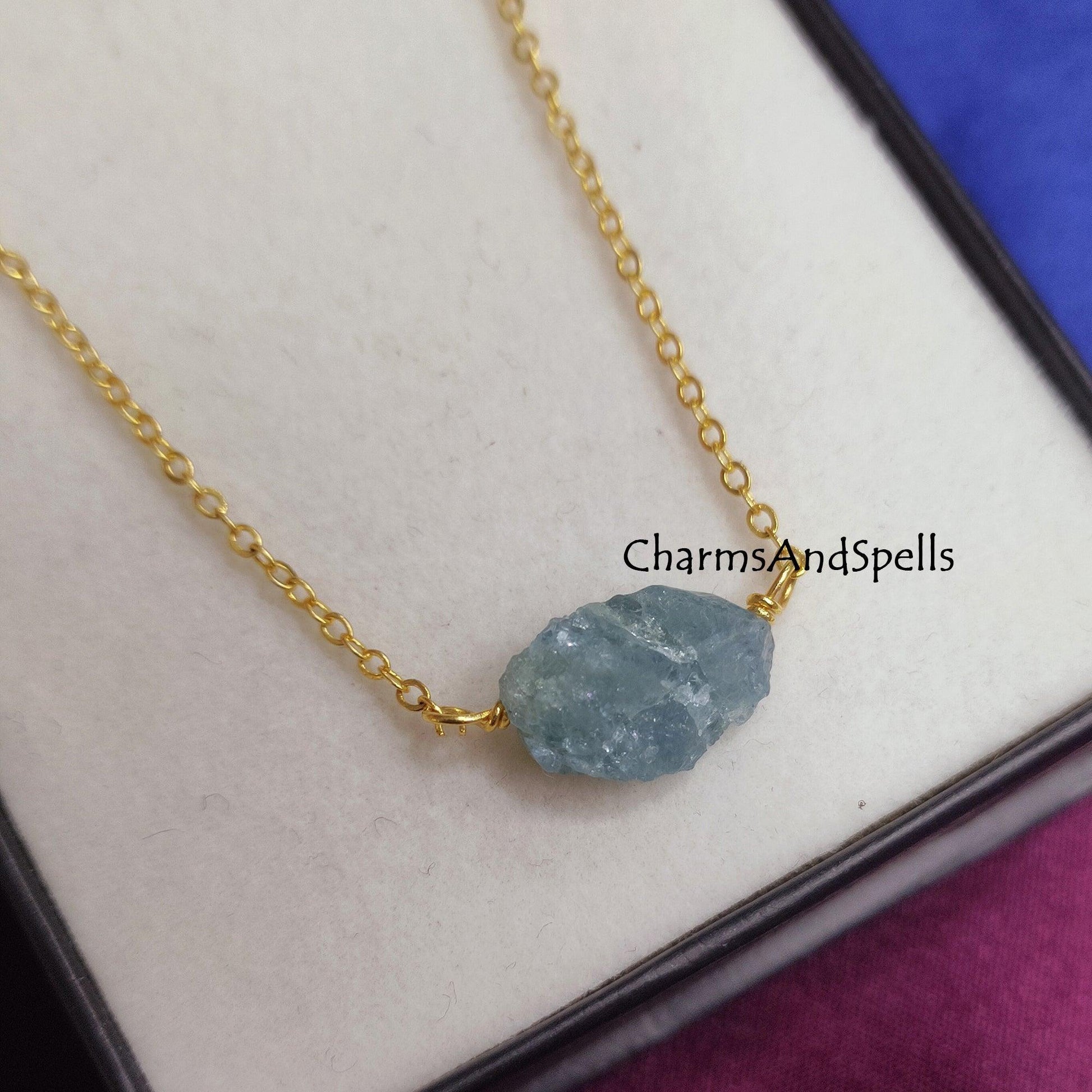 Natural Raw Aquamarine Necklace, March Birthstone Necklace, Gemstone Necklace, Boho Style Pendant, Healing Crystal Jewelry, Gift Jewelry - Charms And Spells