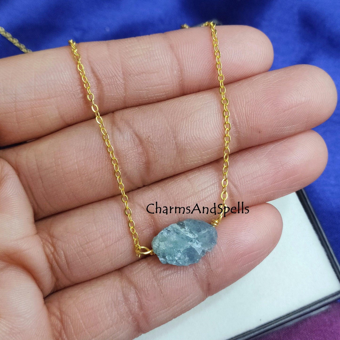 Natural Raw Aquamarine Necklace, March Birthstone Necklace, Gemstone Necklace, Boho Style Pendant, Healing Crystal Jewelry, Gift Jewelry - Charms And Spells