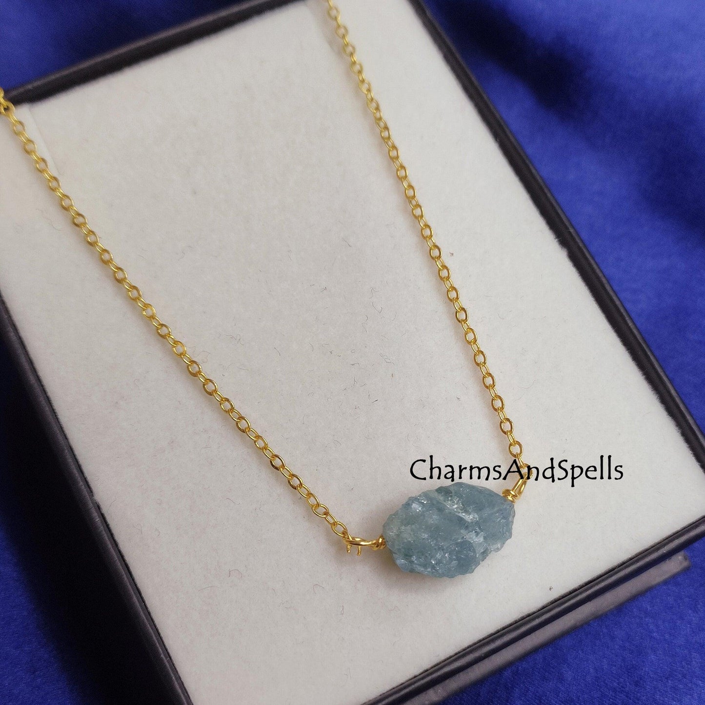 Natural Raw Aquamarine Necklace, March Birthstone Necklace, Gemstone Necklace, Boho Style Pendant, Healing Crystal Jewelry, Gift Jewelry - Charms And Spells