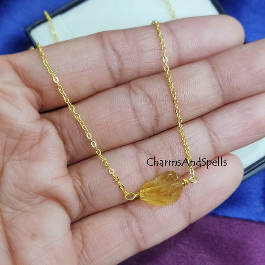 Natural Rough Citrine Necklace, Raw Birthstone Necklace, Gemstone Pendant, Raw Crystal Necklace, Layered Pendant Necklace, Dainty Jewelry - Charms And Spells