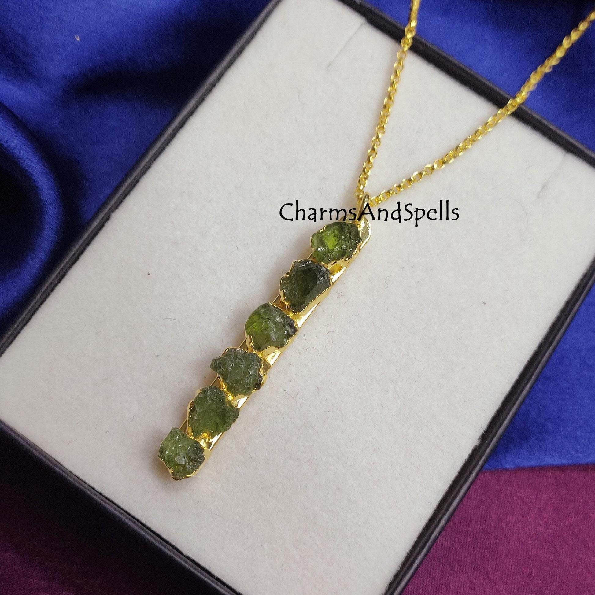 Natural Raw Peridot Bar Necklace,Electroformed Jewelry, Crystal Healing Necklace, Birthstone Necklace, Hippie Jewelry, Gemstone Bar Necklace - Charms And Spells