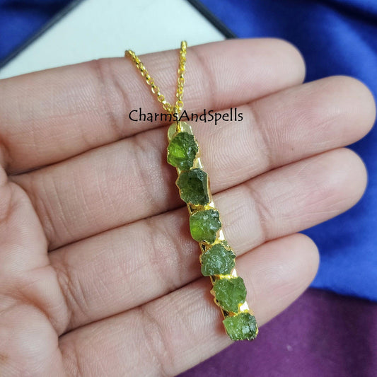 Natural Raw Peridot Bar Necklace,Electroformed Jewelry, Crystal Healing Necklace, Birthstone Necklace, Hippie Jewelry, Gemstone Bar Necklace - Charms And Spells