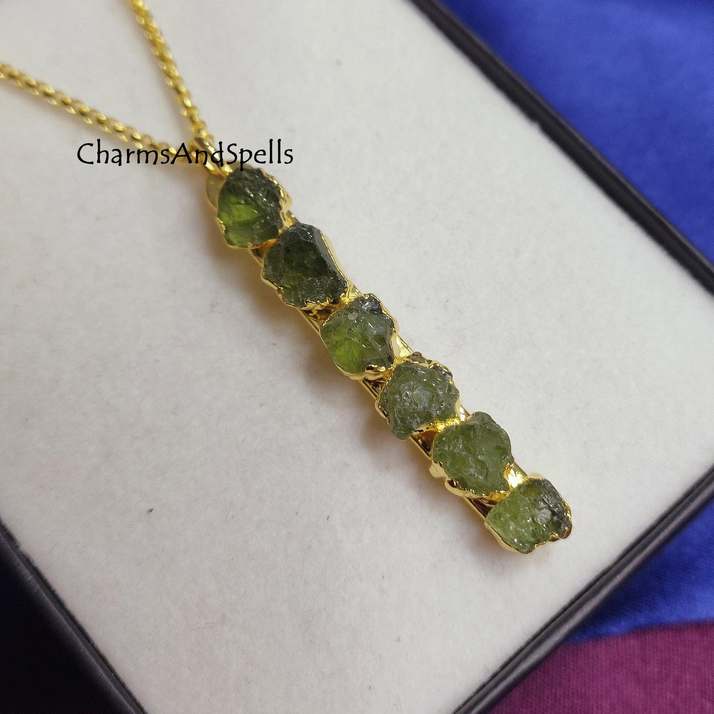 Natural Raw Peridot Bar Necklace,Electroformed Jewelry, Crystal Healing Necklace, Birthstone Necklace, Hippie Jewelry, Gemstone Bar Necklace - Charms And Spells