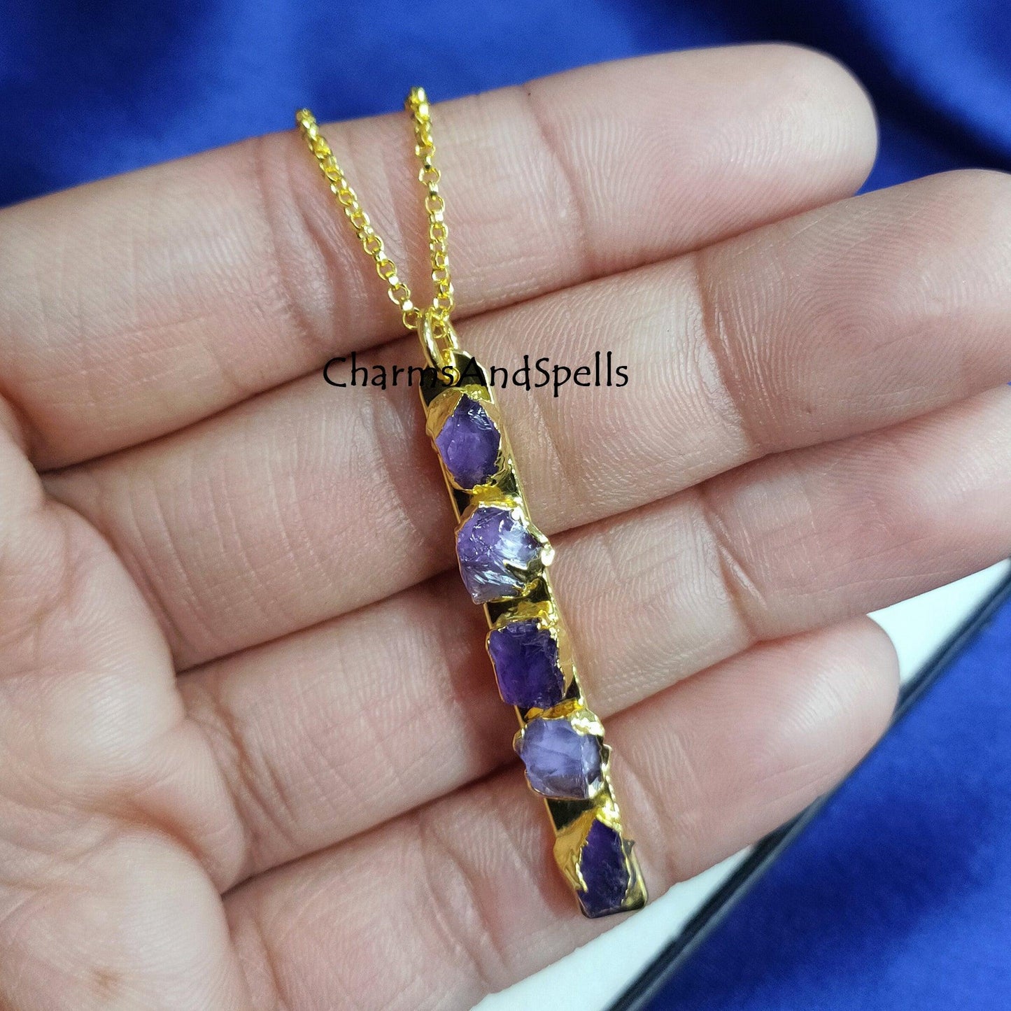 Natural Bar Amethyst Bar Necklace, Raw Crystal Necklace, Birthstone Necklace, Boho Hippie Jewelry, Electroformed Jewelry, Gemstone Necklace - Charms And Spells