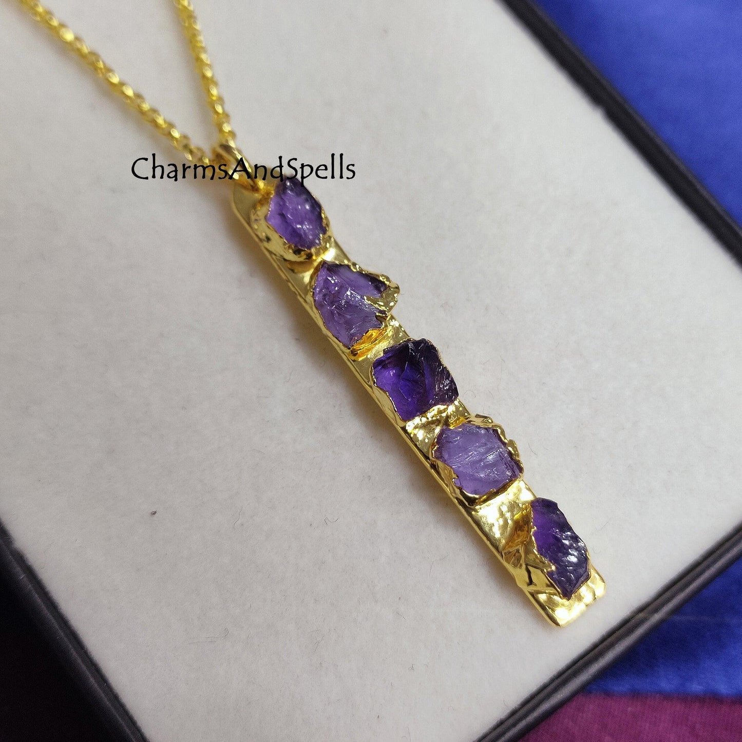 Natural Bar Amethyst Bar Necklace, Raw Crystal Necklace, Birthstone Necklace, Boho Hippie Jewelry, Electroformed Jewelry, Gemstone Necklace - Charms And Spells