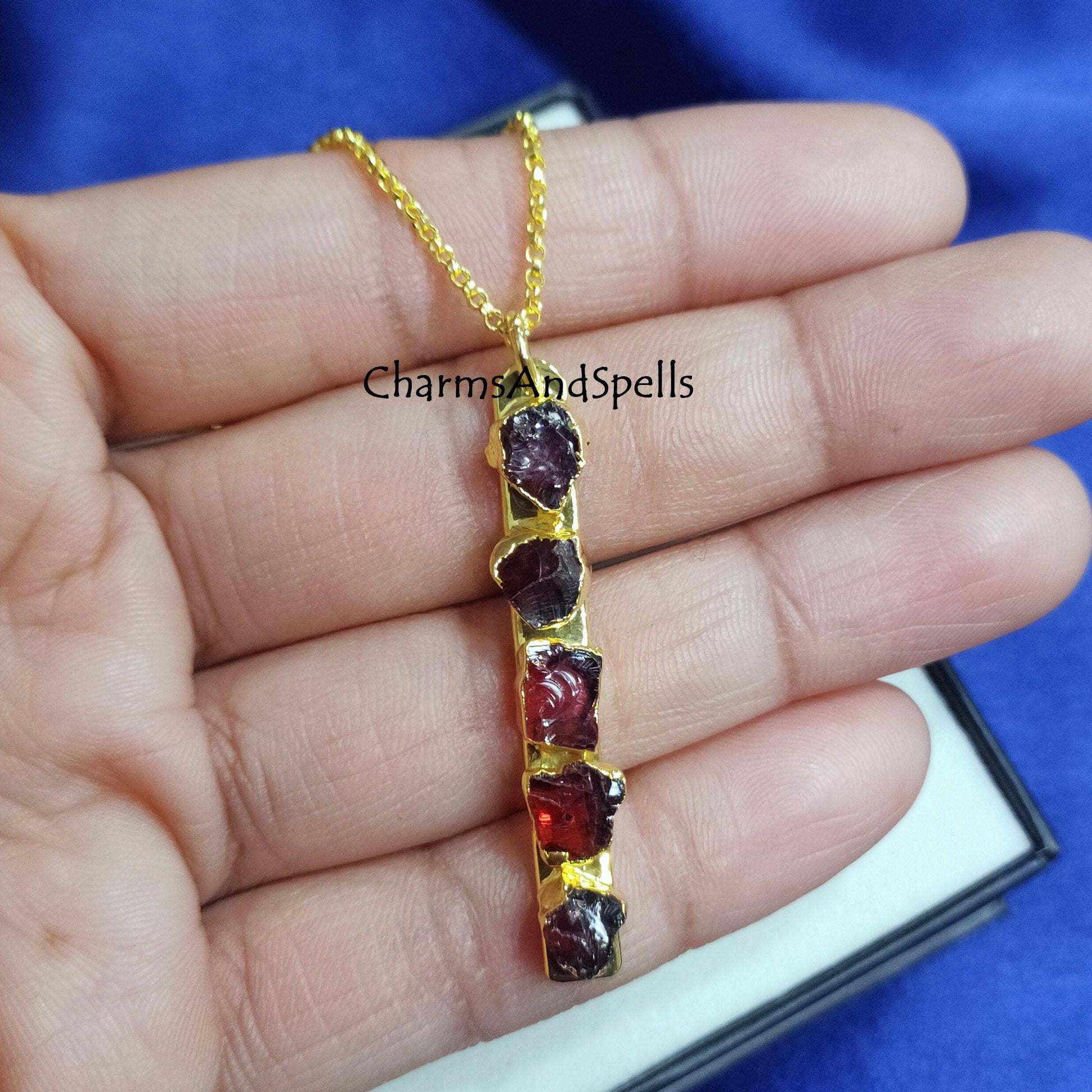 Natural Raw Garnet Bar Necklace, Healing Crystal Necklace, Dainty Crystal Necklace, Gemstone Bar Necklace, Garnet Bat Pendant, Gift for Her - Charms And Spells