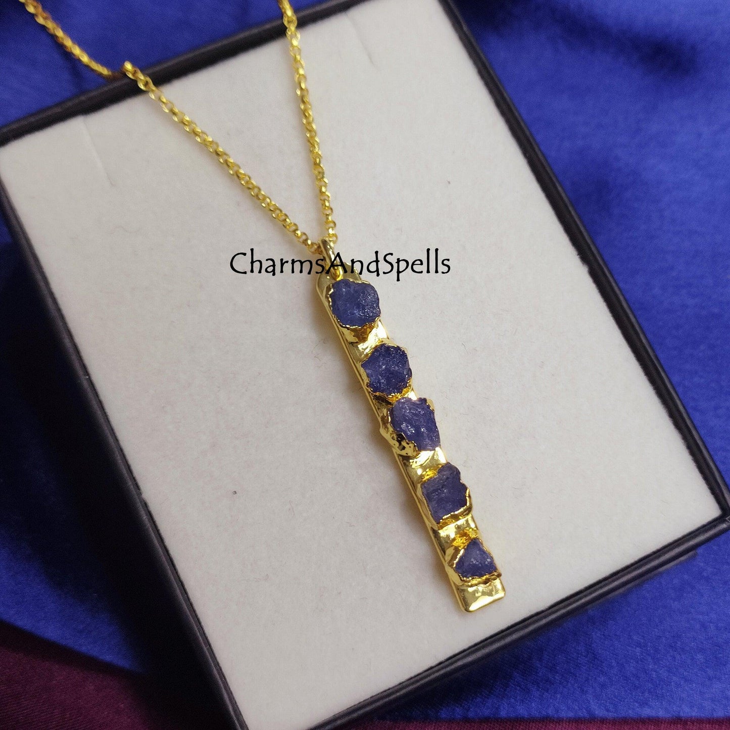 Natural Raw Tanzanite Gemstone Bar Necklace, December Birthstone Jewelry, Energy Infused Jewelry, Empath Protection, Electroplated Jewelry - Charms And Spells