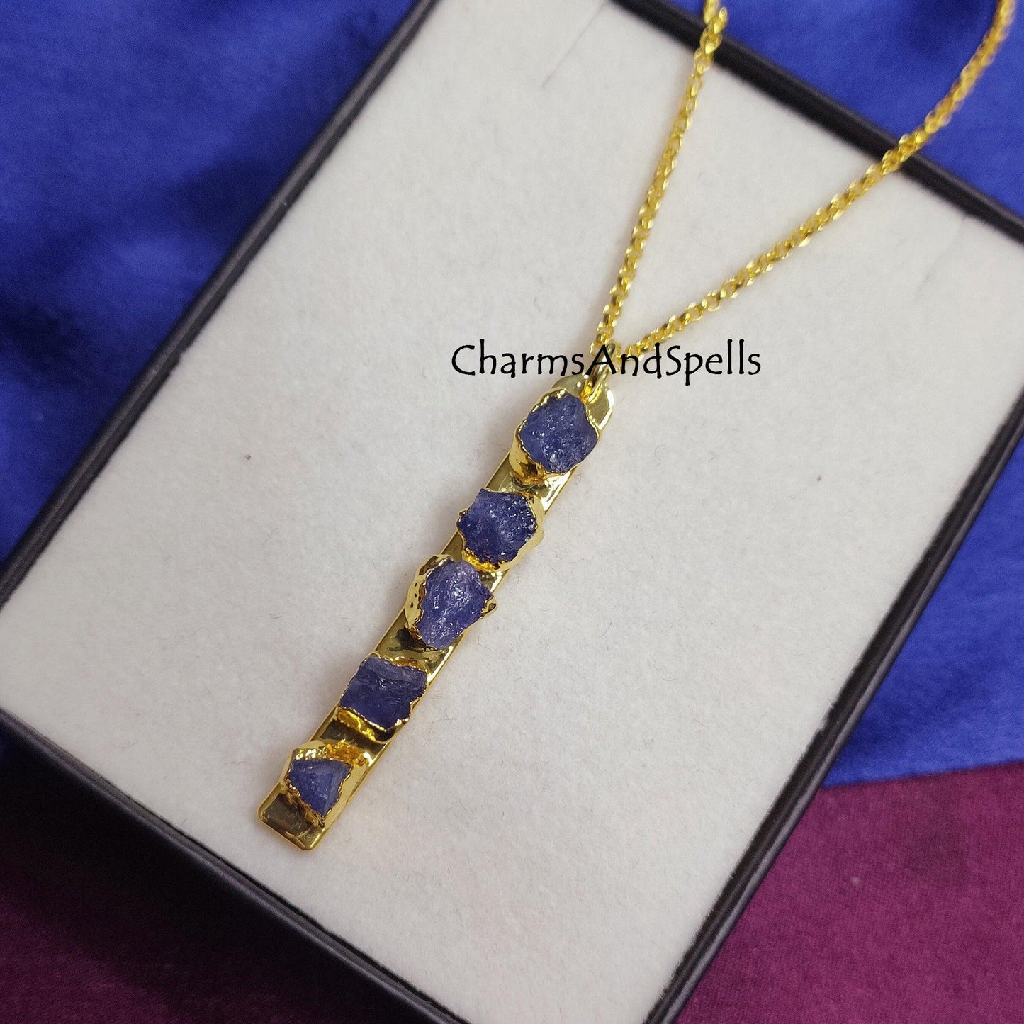 Natural Raw Tanzanite Gemstone Bar Necklace, December Birthstone Jewelry, Energy Infused Jewelry, Empath Protection, Electroplated Jewelry - Charms And Spells