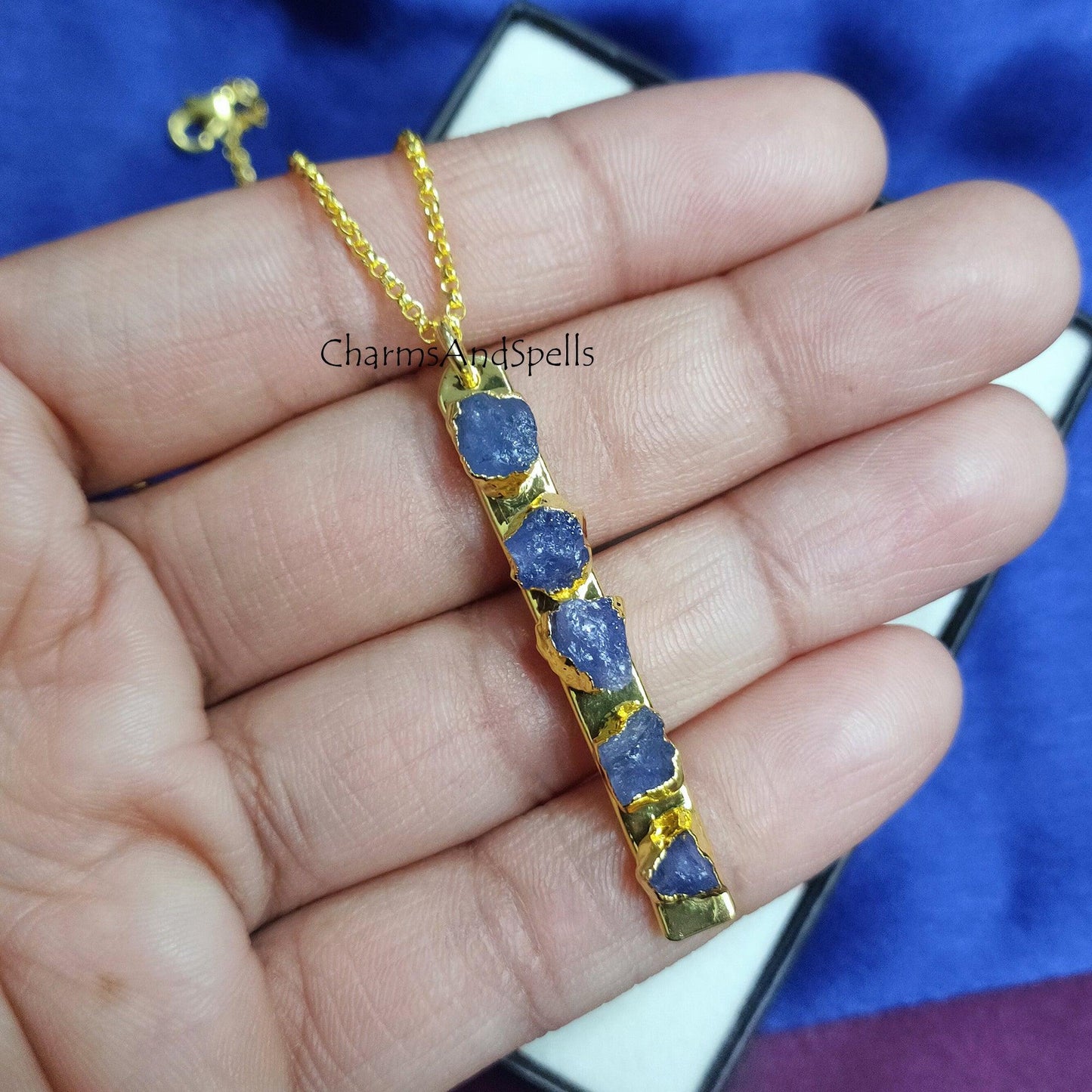 Natural Raw Tanzanite Gemstone Bar Necklace, December Birthstone Jewelry, Energy Infused Jewelry, Empath Protection, Electroplated Jewelry - Charms And Spells