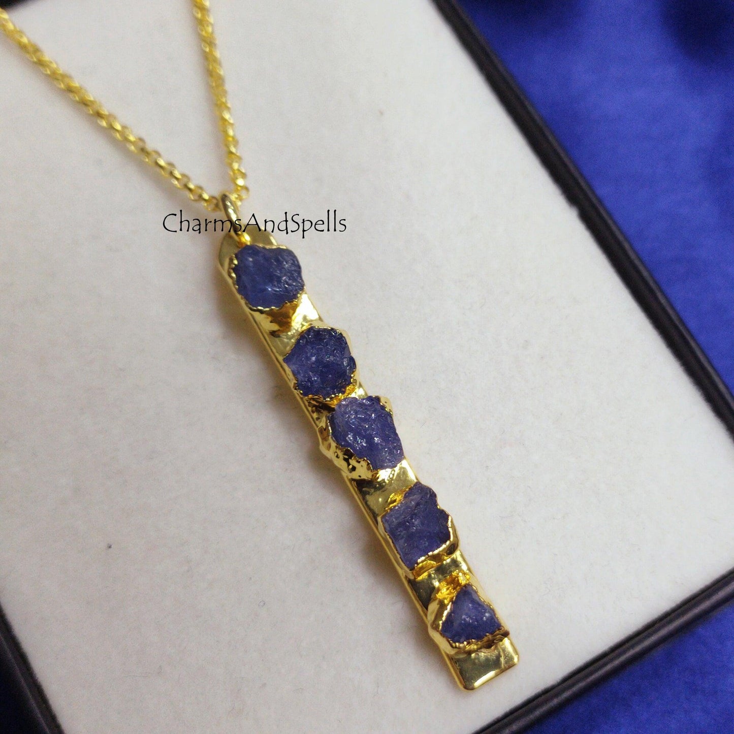 Natural Raw Tanzanite Gemstone Bar Necklace, December Birthstone Jewelry, Energy Infused Jewelry, Empath Protection, Electroplated Jewelry - Charms And Spells