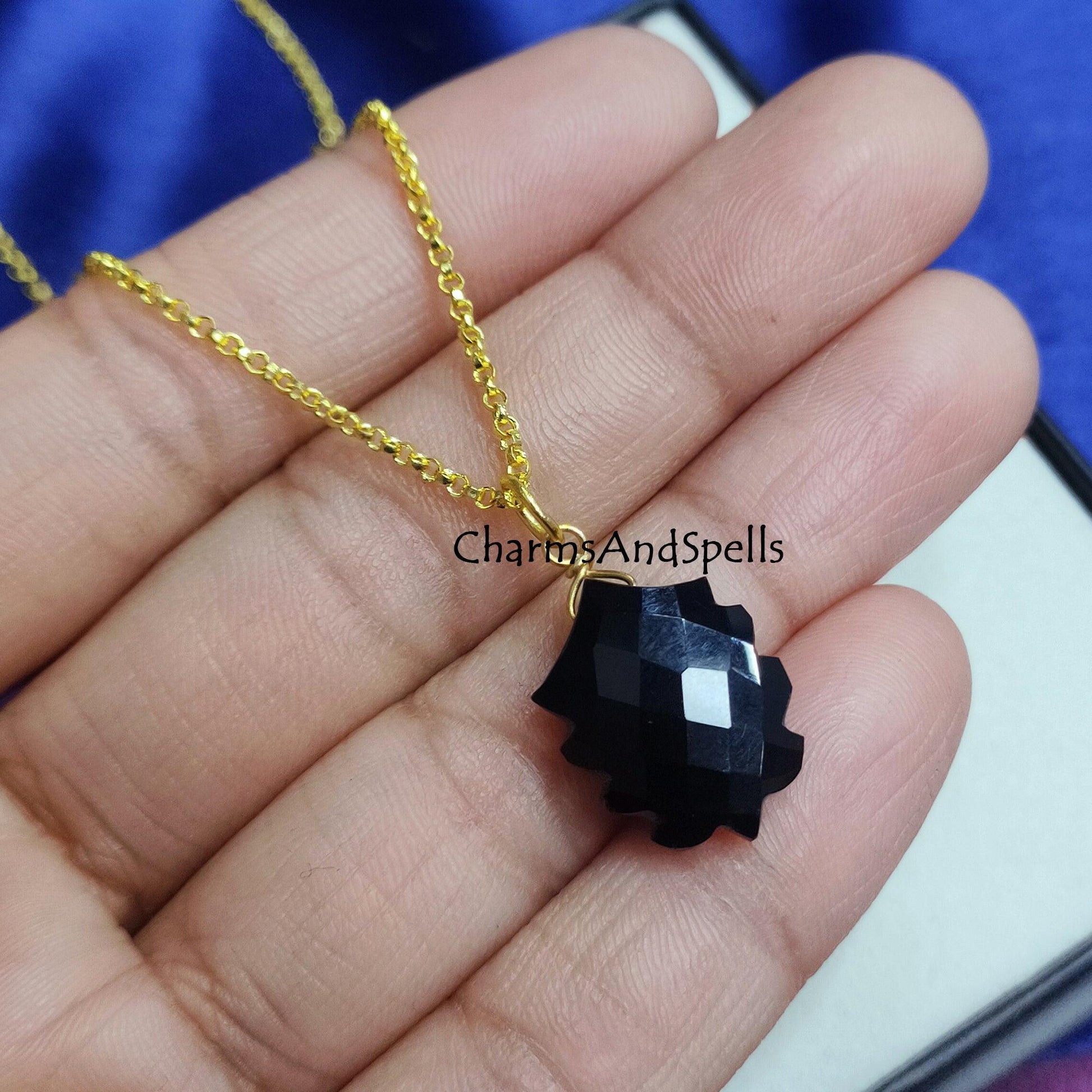 Natural Black Onyx Pendant Necklace, Leaf Design Pendant, Gemstone Pendant, Wire Wrapped Necklace, Chain Necklace, Statement Pendant Jewelry - Charms And Spells