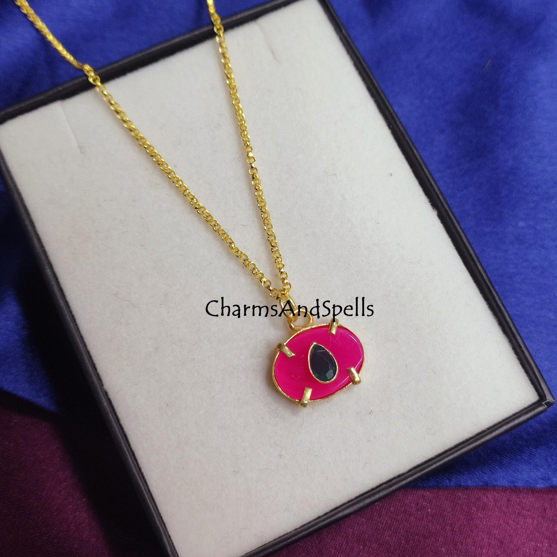 Hot Pink Chalcedony, Emerald Necklace, Gemstone Pendant, Prong Set Necklace, Dainty Necklace, Boho Pendant, Beautiful Evil eye Pendant, Gift - Charms And Spells