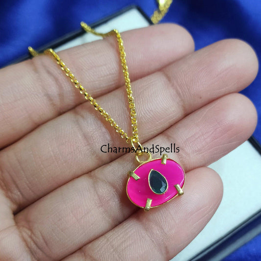 Hot Pink Chalcedony, Emerald Necklace, Gemstone Pendant, Prong Set Necklace, Dainty Necklace, Boho Pendant, Beautiful Evil eye Pendant, Gift - Charms And Spells