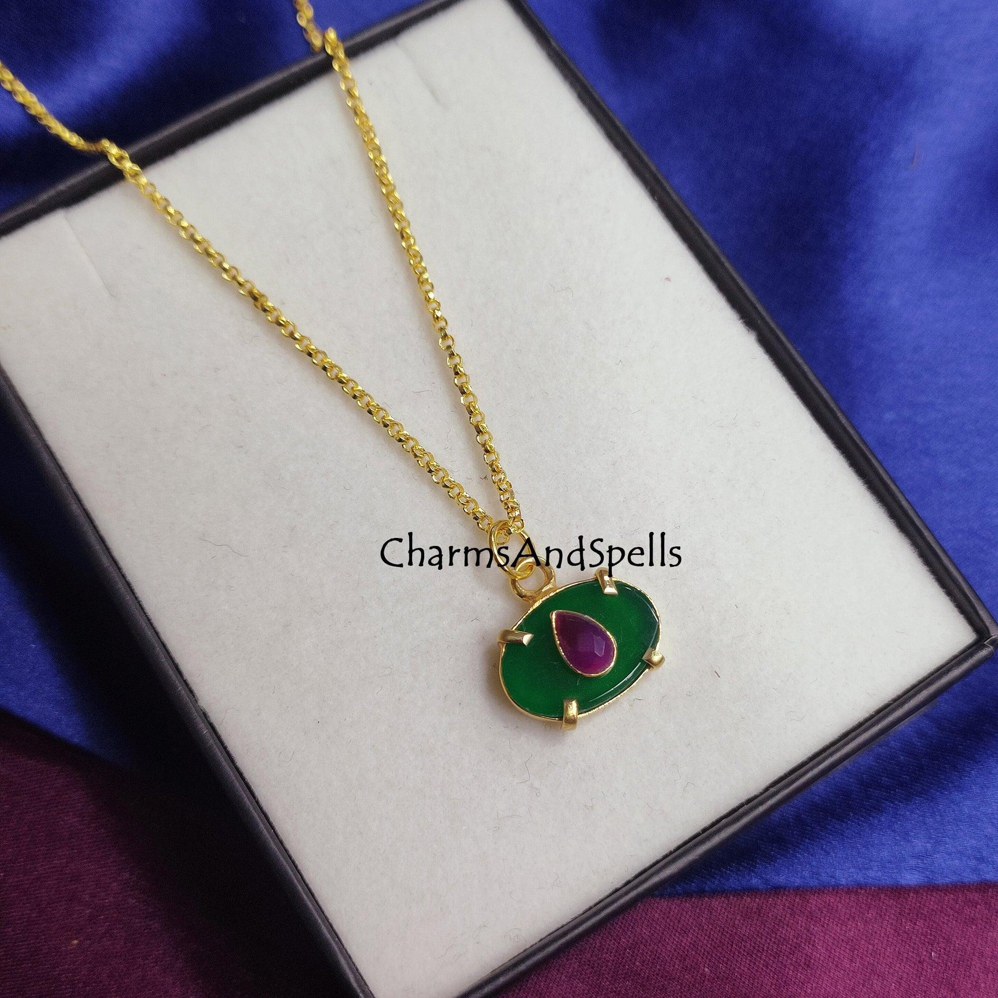 Natural Green Onyx, Ruby Classic Pendant Necklace, Gemstone Necklace, Bridal Charm Necklace, Gold Plated Chain Necklace, Prong Set Necklace - Charms And Spells