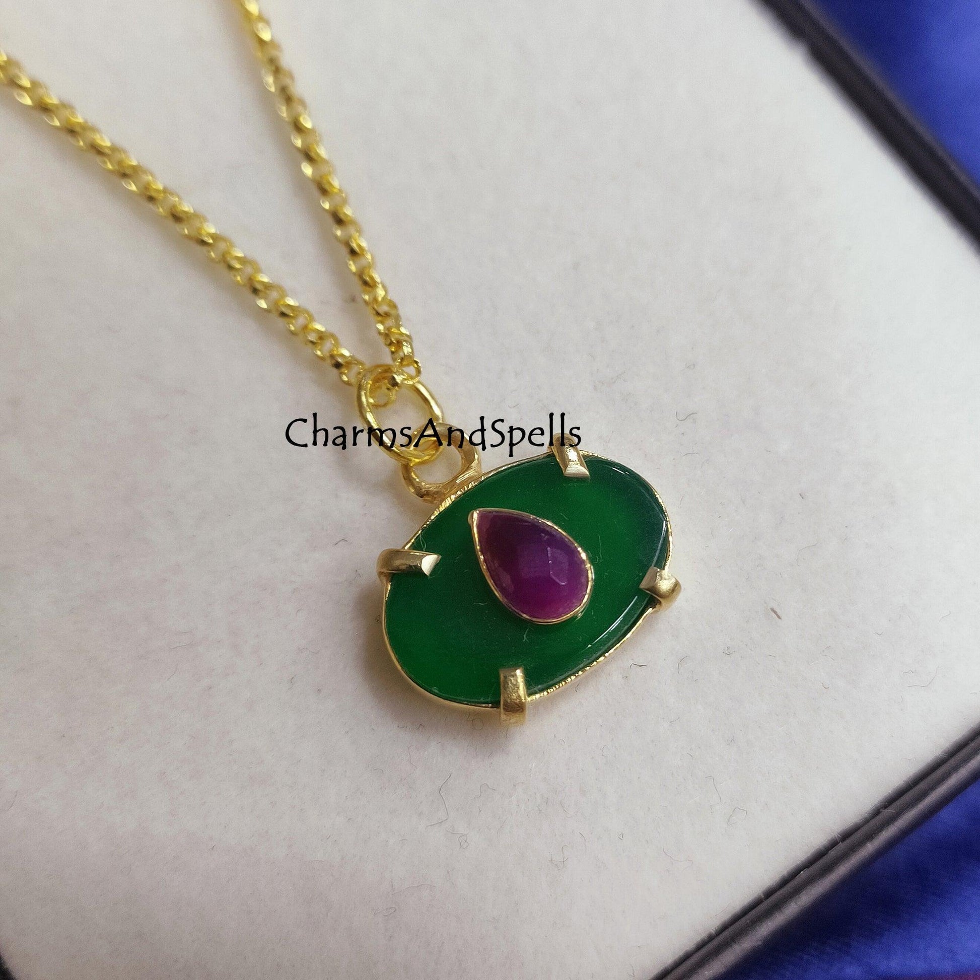 Natural Green Onyx, Ruby Classic Pendant Necklace, Gemstone Necklace, Bridal Charm Necklace, Gold Plated Chain Necklace, Prong Set Necklace - Charms And Spells