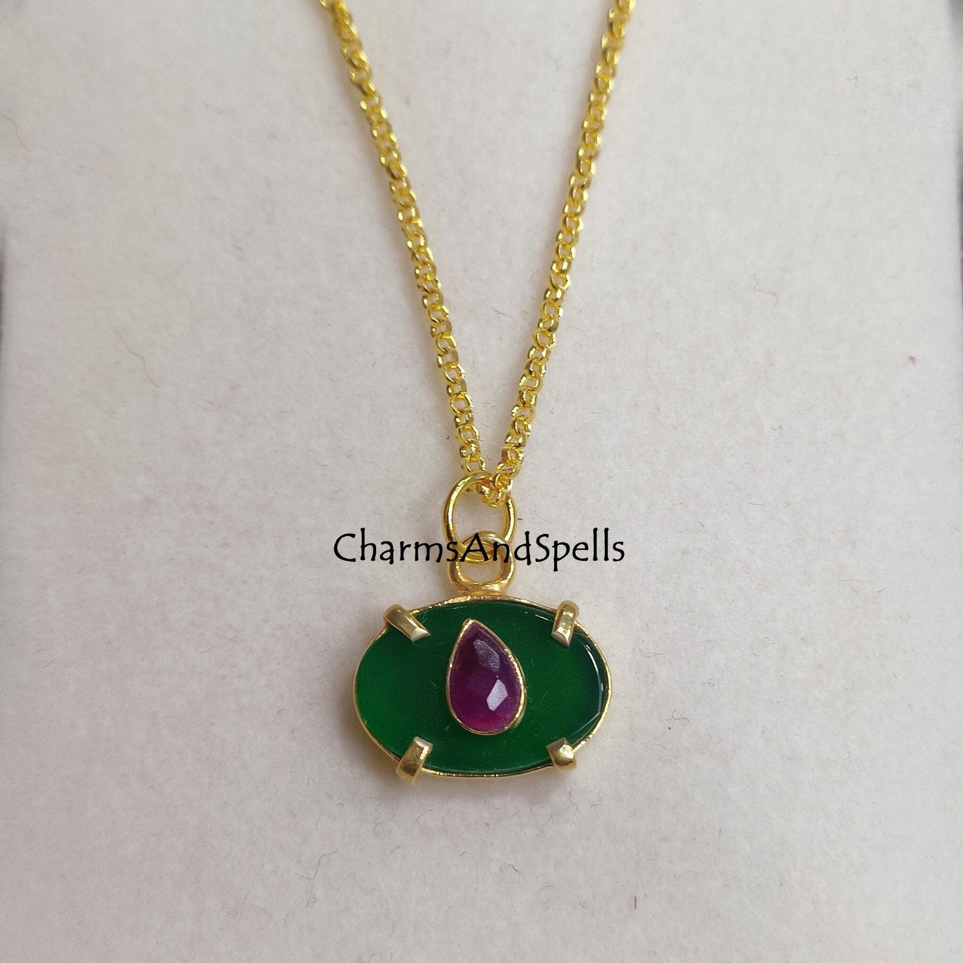 Natural Green Onyx, Ruby Classic Pendant Necklace, Gemstone Necklace, Bridal Charm Necklace, Gold Plated Chain Necklace, Prong Set Necklace - Charms And Spells