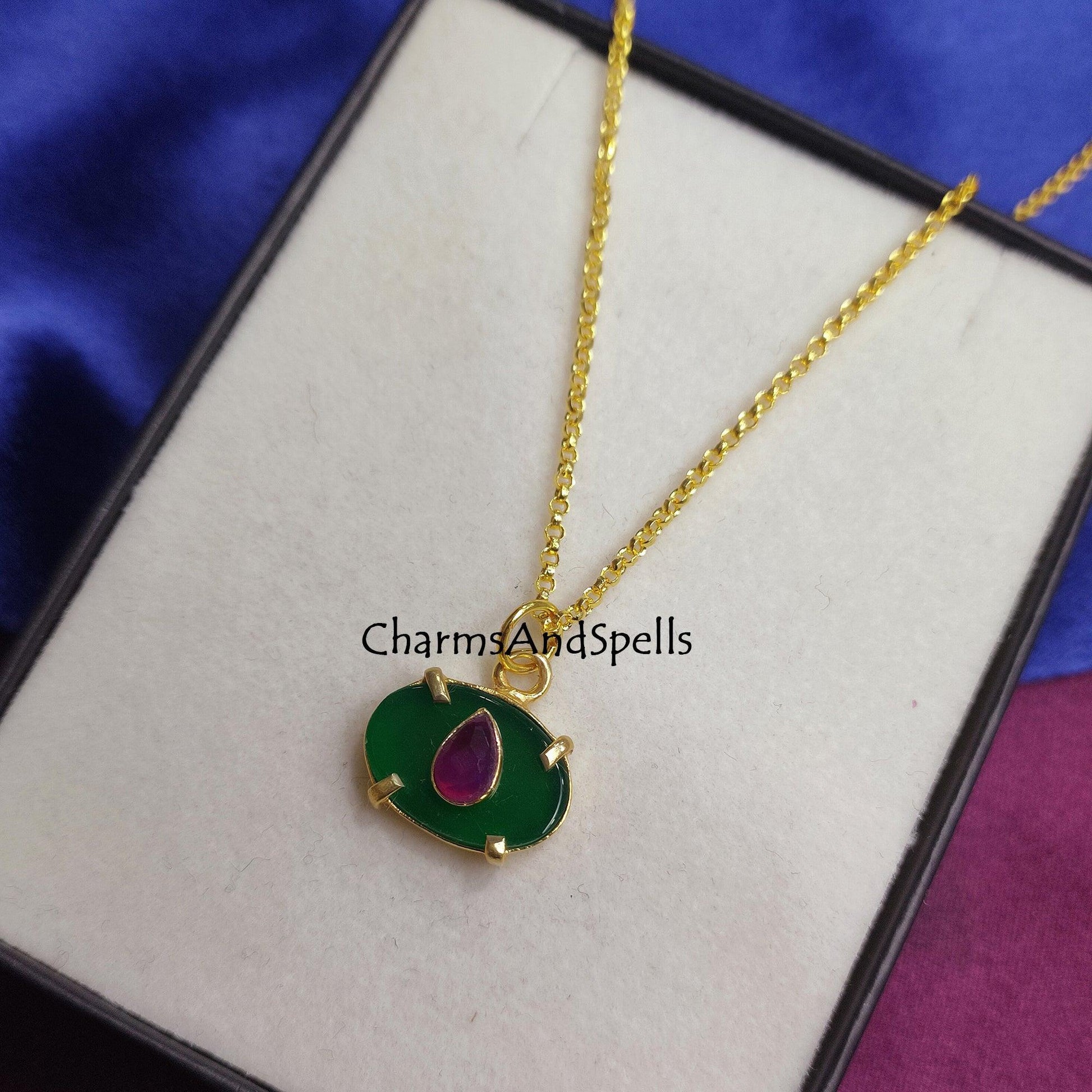 Natural Green Onyx, Ruby Classic Pendant Necklace, Gemstone Necklace, Bridal Charm Necklace, Gold Plated Chain Necklace, Prong Set Necklace - Charms And Spells