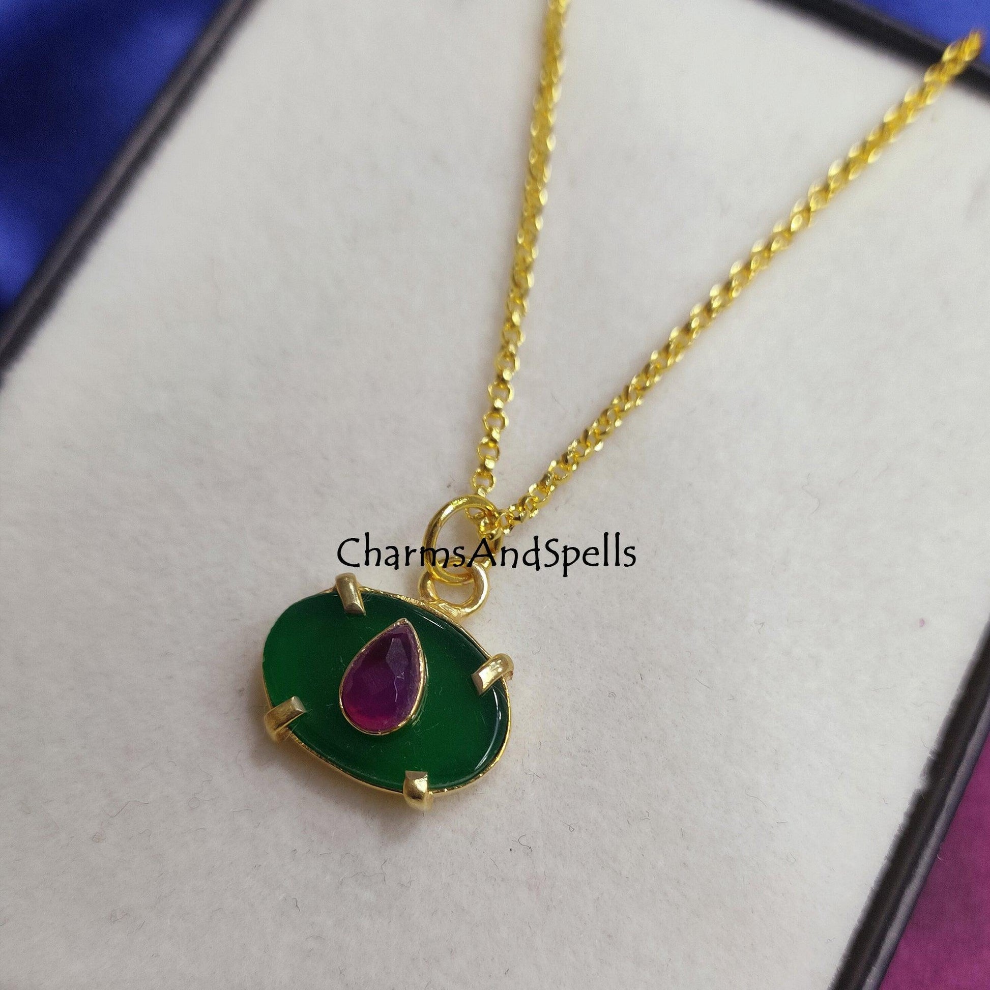 Natural Green Onyx, Ruby Classic Pendant Necklace, Gemstone Necklace, Bridal Charm Necklace, Gold Plated Chain Necklace, Prong Set Necklace - Charms And Spells