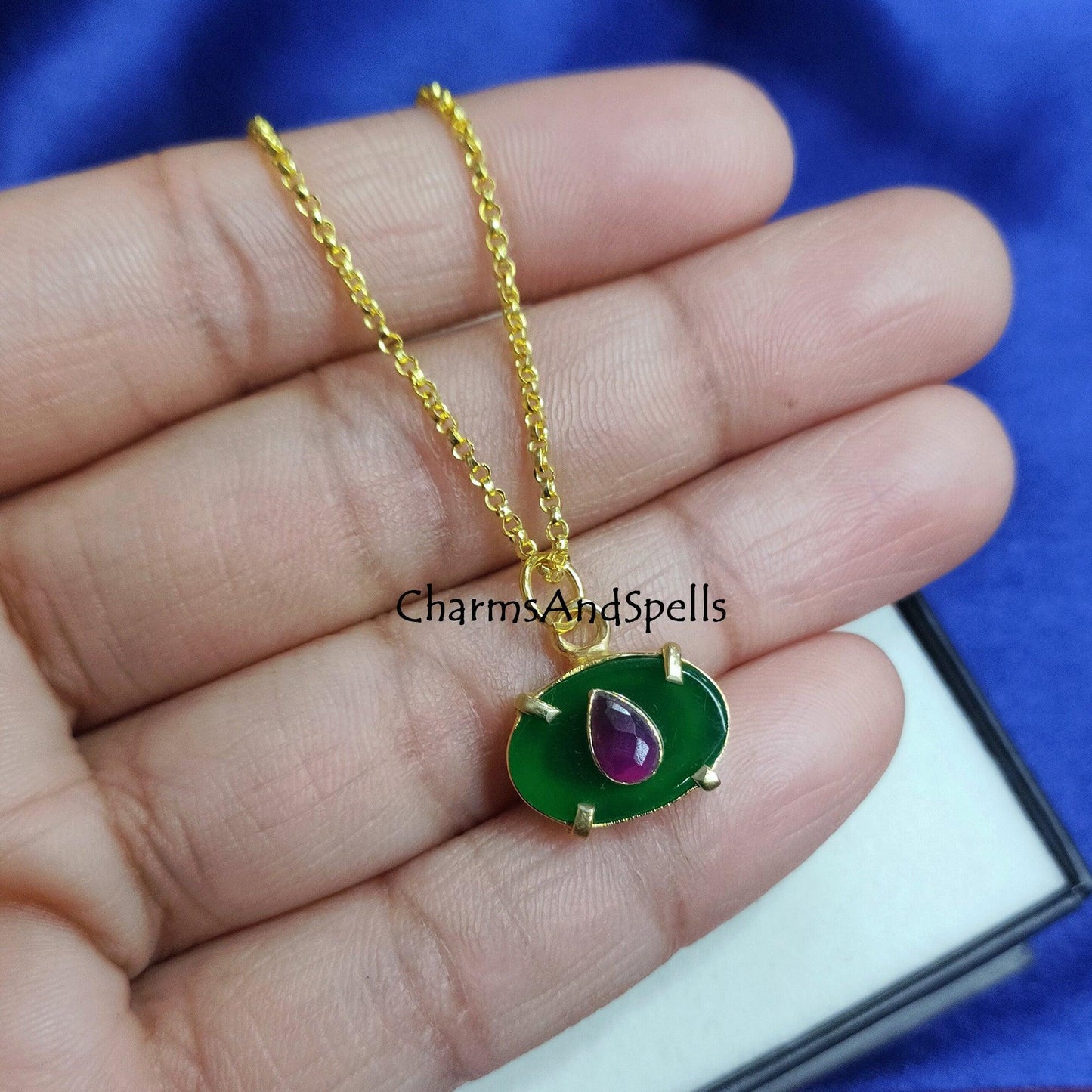 Natural Green Onyx, Ruby Classic Pendant Necklace, Gemstone Necklace, Bridal Charm Necklace, Gold Plated Chain Necklace, Prong Set Necklace - Charms And Spells